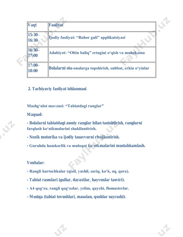 o‘tgach, natijani muhokama qilish rejalashtirildi. 2: muammo – bolaning guruhda o‘z narsalarini baham ko‘rmasligi muloqot: - tarbiyachi: assalomu alaykum, feruza xola. farzandingiz diyor bugun o‘yin vaqtida o‘z o‘yinchoqlarini boshqa bolalar bilan bo‘lishishda qiynaldi. uyda bu borada qanday odatlari bor? - ota-ona: uyda u ko‘pincha yolg‘iz o‘ynaydi, o‘yinchoqlarini hech kimga bermaydi. - tarbiyachi: guruhda hamkorlikni o‘rgatish uchun uyda kichik guruhli o‘yinlarni tashkil qilishni tavsiya qilaman, masalan, oila a’zolari bilan birgalikda o‘yin o‘ynash. shuningdek, diyor biror narsani baham ko‘rsa, uni maqtash orqali ijobiy rag‘batlantirish usulini qo‘llashingiz mumkin. - ota-ona: yaxshi fikr, boshlaymiz. rahmat! yechim: ota-onaga bolaning ijtimoiy ko‘nikmalarini rivojlantirish bo‘yicha maslahatlar berildi. ikki hafta o‘tgach, natijani muhokama qilish kelishildi. 4. kun yakuni bo‘yicha refleksiya refleksiya: bir kunlik faoliyat tahlili bugungi kun tarbiyachi sifatida mening pedagogik ko‘nikmalarimni sinovdan o‘tkazdi va muhim tajriba bo‘ldi. eng katta yutuq sifatida “tabiatdagi ranglar” mashg‘ulotidagi bolalarning faol ishtirokini aytish mumkin. bolalar ranglarni oson farqlashdi, applikatsiya yasashda ijodiy yondashuv …