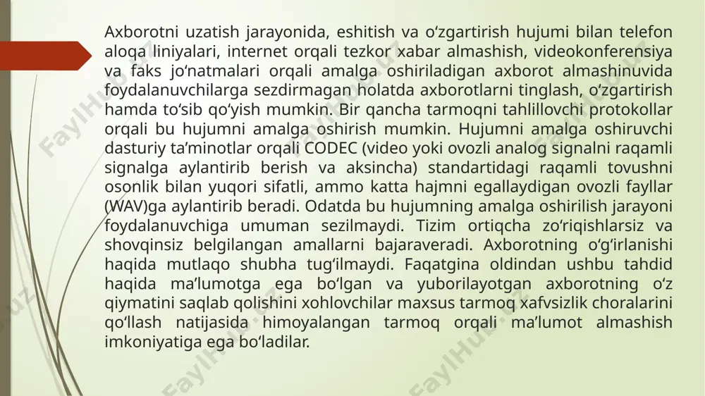 kni hal qiladi. shuningdek, tarmoqlararo ekran ikki tarmoq orasidagi himoyani amalga oshiradi, ya’ni himoyalanayotgan tarmoqni ochiq tashqi tarmoqdan himoyalaydi. himoya vositasining quyida sanab o‘tilgan qulayliklari, ayniqsa, paketlarni filtrlash funksiyasi dos hujumiga qarshi himoyalanishning samarali vositasidir. paket filtrlari quyidagilarni nazorat qiladi: fizik interfeys, paket qayerdan keladi; manbaning ip-manzili; qabul qiluvchining ip-manzili; manba va qabul qiluvchi transport portlari. port scanning hujum turi odatda tarmoq xizmatini ko‘rsatuvchi kompyuterlarga nisbatan ko‘p qo‘llanadi. tarmoq xavfsizligini ta’minlash uchun ko‘proq virtual portlarga e’tibor qaratishimiz kerak. chunki portlar ma’lumotlarni kanal orqali tashuvchi vositadir. kompyuterda 65 536ta standart portlar mavjud. kompyuter portlarini majoziy ma’noda uyning eshigi yoki derazasiga o‘xshatish mumkin. portlarni tekshirish hujumi esa o‘g‘rilar uyga kirishdan oldin eshik va derazalarni ochiq yoki yopiqligini bilishiga o‘xshaydi. agar deraza ochiqligini o‘g‘ri payqasa, uyga kirish oson bo‘ladi. hakker hujum qilayotgan vaqtda port ochiq yoki foydalanilmayotganligi haqida ma’lumot olishi uchun portlarni tekshirish hujumidan foydalanadi. bir vaqtda barcha portlarni tahlil qilish maqsadida xabar …