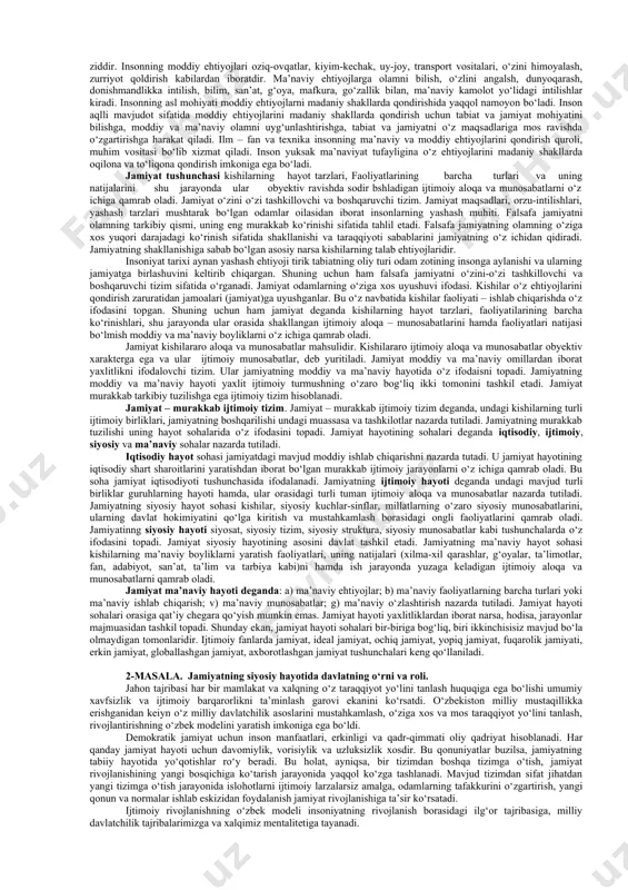 ahlini bildiradi, ya’ni bir joyning bir guruh kishilari deganidir. jamoa atamasi ma’nosi jihatidan jamoatdan farqlanadi. jamoatda turli qarashdagi kishilar bo‘lsa, jamoada esa bir maqsad, bir xil manfaat yo‘lida jam bo‘lgan kishilar tushuniladi. masalan, jamoat deganda bir masjidda namoz o‘quvchi hammahalla, hamqishloq kishilar nazarda tutiladi. jamoat so‘zining jamoatchilik, adabiy jamoatchilik, talabalar jamoatchiligi va hokazo. jamiyat insoniyat tarixiy taraqqiyotining ma’lum bosqichida shakklanadigan ijtimoiy munosabatlar majmuidir. ijtimoiy munosabatlar ichida eng asosiysi, siyosiy va huquqiy ustqurma uchun haqiqiy bazis bo‘ladigan, ijtimoiy ong shakllarini belgilaydigan munosabatlar – iqtisodiy munosabatlardir. to‘g‘ri, jamiyat taraqqiyoti tabiiy-tarixiy, qonuniy taraqqiyotdir. jamiyat ijtimoiy mehnat taqsimoti asosida shuurga-ongga til va nutqqa ega bo‘lgan, bir-birlarining ijtimoiy yordami, ko‘magiga ehtiyoj sezuvchi insonlar ijtimoiy uyushmasining eng umumiy ilmiy-falsafiy atamasidir. falsafiy tahlilda jamiyat kishilarning tarixiy qaror topgan birgalikdagi faoliyatlari yig‘indisi, borliqning tabiatdan ajralib chiqqan mohiyatan va mazmunan nihoyatda murakkab va oliy qismi deb qaraladi. "jamiyat" tushunchasi quyidagi ma’nolarni qamrab olgan: 1. jamiyat tushunchasida nafaqat hozir yashab …