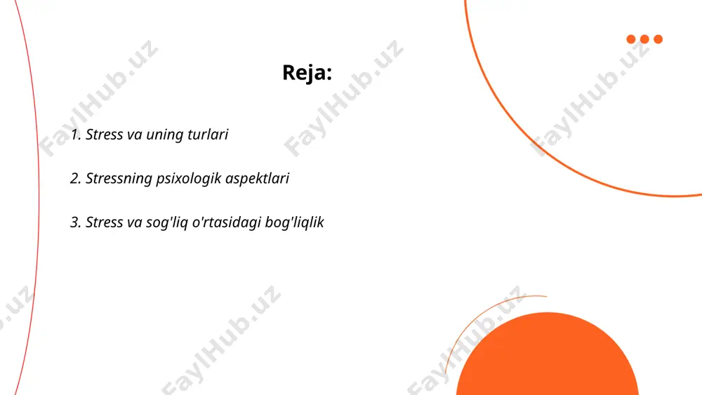 arni boshdan kechirishadi. stress immunitet tizimini ham zaiflashtiradi, bu esa tez-tez kasal bo'lishga olib kelishi mumkin. shuningdek, depressiya va xavotir ham stressning salbiy ta'sirlaridan hisoblanadi. tadqiqotlar shuni ko'rsatadiki, uzoq muddatli stress ichki organlarga zarar etkazishi va metabolik kasalliklar xavfini oshirishi mumkin. shu bois, stressni kamaytirish sog'liqni saqlash uchun muhimdir. ... t.me/slaydai_bot 4. stressning sabab va oqibatlari stressning sabab va oqibatlari ko'p qirrali. sabablari orasida avvalambor ishdagi bosim, oilaviy muammolar, sog'liqdagi muammolar, moliyaviy qiyinchiliklar va atrof-muhit ta'sir etishi mumkin. unicef ma'lumotlariga ko'ra, yoshlarning 27% stressdan aziyat chekadi. stress oqibatlari jiddiy bo'lib, salomatlikka salbiy ta'sir qiladi. u yurak kasalliklariga, uyqusizlikka, asab tizimi kasalliklariga sabab bo'lishi mumkin. jahon sog'liqni saqlash tashkiloti (jsst) stress bilan bog'liq kasalliklar global mehnat qobiliyatini 20% ga kamaytirishini bildiradi. statistikaga ko'ra, stress bilan bog'liq kasalliklar dunyo bo'ylab aholining 43% ini qamrab olmoqda. stress bilan kurashish texnikalari orasida meditatsiya, sport va psixologik yordam olish muhim ahamiyatga ega. ... t.me/slaydai_bot stressni …