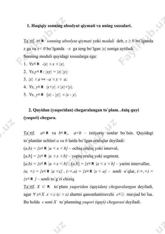 ega emas. ta`rif. x ( to`plamning yuqori chegaralardan eng kichigi (quyi chegaralardan eng kattasi) x to`plamning aniq yuqori chegarasi (aniq quyi chegarasi) deyiladi va supx (infx) orqali belgilanadi. boshqacha aytganda, , . 3. aniq yuqori chegaraning mavjudligi quyidagi lemma uzluksizlik aksiomasidan kelib chiqadi: lemma .( aniq yuqori chegara haqida). yuqoridan chegaralangan bo`sh bo`magan sonli to`plam yagona aniq yuqori chegaraga ega. isbot: x ( - yuqoridan chegaralangan to`plam bo`lsin. uning yuqori chegaralarda iborat bo`lgan y = {y |(x x x y} – to`plamni qaraymiz. 16( aksiomaga ko`ra shunday c mavjudki, (x x (y y uchun x c y qo`sh tengsizlik o`rinli. demak c soni xning yuqori chegarasi bo`lib, c y bo`ladi. ya`ni c = miny, demak, ta`rifga ko`ra c soni x ning aniq yuqori chegarasi bo`ladi: c = supx. uning yagonaligi 11( aksiomadan kelib chiqadi. aniq quyi chegara haqida lemma xudi shunday isbotlanadi. izoh. 16( aksioma mazkur lemma bilan tengkuchli. tayanch …