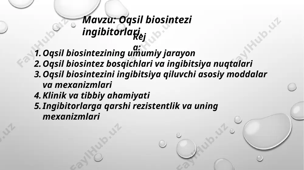 sida ribosoma aminokislotalarni bir-biriga bog‘lab, oqsil quradi. oqsil sintezidan keyingi bosqich • oqsil yaratilgandan keyin, u o‘zining to‘g‘ri shakliga buklanadi. • shuningdek, oqsil modifikatsiyalanadi — unga turli guruhlar biriktiriladi (masalan, shakar yoki fosfat guruhlari). bu oqsilning funksiyasini yaxshilaydi. oqsil biosintez bosqichlari va ingibitsiya nuqtalari oqsil biosintezi uchta asosiy bosqichda kechadi: 1. initsiasiya (boshlanish) • bu bosqichda ribosoma kichik subbirligi mrnkga birikadi. • birinchi trnk (odatda met-trnk) start-kodonga (aug) bog‘lanadi. • keyin ribosomaning katta subbirligi kelib birikadi va translyatsiya boshlanadi. ingibitsiya nuqtasi: • ayrim antibiotiklar (masalan, streptomitsin) ribosomaning kichik subbirligiga ta’sir qilib, initsiasiyani buzadi. • bu oqsil sintezining boshlanmasligiga olib keladi. 2. elongatsiya (uzayish) • ribosoma mrnk bo‘ylab harakatlanadi va har bir kodon uchun mos trnk kelib, aminokislotani polipeptid zanjiriga qo‘shadi. • peptid bog‘lari ribosomal peptidil transferaza fermenti yordamida hosil bo‘ladi. ingibitsiya nuqtasi: • masalan, eritromitsin va xloramfenikol elongatsiyani to‘xtatadi. • xloramfenikol peptid bog‘ hosil bo‘lishini to‘xtatadi. • eritromitsin esa ribosomaning …