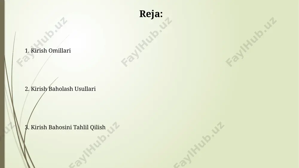 niyaga bo'lgan sadoqatni aniqlash mumkin. kirish omillari kirish jarayoniga ta'sir etuvchi omillar orasida raqobat darajasi, texnologiyalar rivojlanishi va iqtisodiy vaziyat kabi 3 ta muhim makro-ekonomik omillarni ajratish mumkin. marketing tadqiqotlari shuni ko'rsatadiki, yangi mahsulotning muvaffaqiyatli kirishi uchun 5 ta asosiy omil mavjud: narx, sifat, reklama, taqdimot va mijozlarning ehtiyojlari. muvaffaqiyat mezonlari muvaffaqiyat mezonlarini belgilashda kpi (kalit ko'rsatkichlar) va maqsadli natijalar, masalan, oyiga 500 ta mahsulot sotish yoki 20% bozor ulushini egallab olish muhim rol o'ynaydi. muvaffaqiyat mezonlari baholovchi mezonlar yordamida o'lchanadi; bu mezonlar sifat va miqdor jihatlarini, masalan, loyihaning muddatida bajarilishini (95%) va byudjetga rioya etilishini (90%) o'z ichiga olishi mumkin. bozor tadqiqotlari bozor tadqiqotlari jarayonida 100 dan ortiq respondent bilan suhbat o‘tkazish, ma’lumotlarning ishonchliligini 95% gacha oshirish imkonini beradi. sifatli bozor tadqiqotlari natijalari, mahsulotni ishlab chiqarish xarajatlarini 15% ga kamaytirish va sotuvlarni 20% ga oshirishga yordam beradi. strategik rejalashtirish strategik rejalashtirish jarayonida 5-10 yillik istiqbolni hisobga olgan holda uzoq …