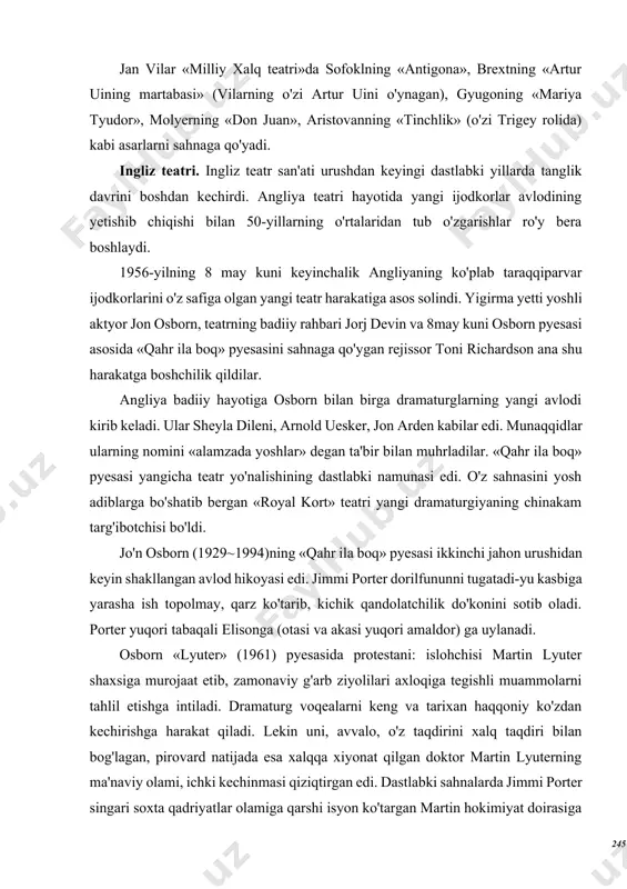 a boq» pyesasi ikkinchi jahon urushidan keyin shakllangan avlod hikoyasi edi. jimmi porter dorilfununni tugatadi-yu kasbiga yarasha ish topolmay, qarz ko'tarib, kichik qandolatchilik do'konini sotib oladi. porter yuqori tabaqali elisonga (otasi va akasi yuqori amaldor) ga uylanadi. osborn «lyuter» (1961) pyesasida protestani: islohchisi martin lyuter shaxsiga murojaat etib, zamonaviy g'arb ziyolilari axloqiga tegishli muammolarni tahlil etishga intiladi. dramaturg voqealarni keng va tarixan haqqoniy ko'zdan kechirishga harakat qiladi. lekin uni, avvalo, o'z taqdirini xalq taqdiri bilan bog'lagan, pirovard natijada esa xalqqa xiyonat qilgan doktor martin lyuterning ma'naviy olami, ichki kechinmasi qiziqtirgan edi. dastlabki sahnalarda jimmi porter singari soxta qadriyatlar olamiga qarshi isyon ko'targan martin hokimiyat doirasiga yaqinlashgach, oxiri o'z e'tiqodiga xiyonat qilgan «o'zingni bilu o'zgani qo'y» qabilidagi xudbin shaxsga aylanadi. osbornning fikricha lyuterning fojiasi «o'zingni bil..?» qoidasiga e'tiqod qo'yishida edi. sheyla dileni (1939) o'z pyesalarida ayollik qalb ehtiroslari bilan insoniy ezguliklarni tarannum etgan adibadir. u o'zining birinchi — «asal mazasi» (1958) …