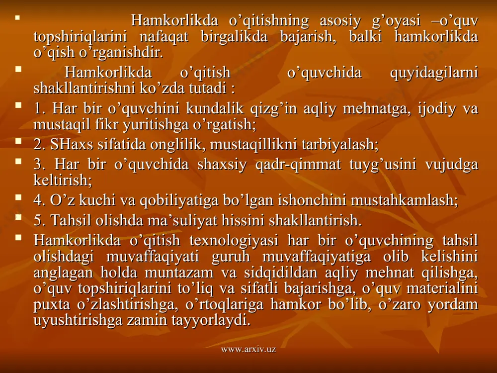 ra komandalar uchun topshiriqlar tuzishi lozim. o’qituvchi komandalar uchun mavzu bo’yicha o’quvchilarning o’zlashtirgan bilimlarini aniqlashda qo’llaydigan test savollarini tuzib bo’lgandan so’ng, mazkur darsning borishini loyihalashtirishi kerak. darsning borishini quyidagicha loyihalash tavsiya etiladi: i. tashkiliy qism. ii. o’tgan mavzu yuzasidan o’quvchilar bilimini nazorat qilish va baholash. iii. o’quvchilarni dars mavzusi, maqsadi, borishi bilan tanishtirish. iy. yangi mavzuni o’rganish: a) o’quvchilarni komandaga ajratib bir necha kichik guruhlarni tashkil etish hamda har bir komanda a’zolari tomonidan belgilangan o’quv topshiriqlarini mustaqil ravishda sifatli bajarishiga erishish; b) o’quv materialini yaxlit holda qayta ishlab chiqilishini amalga oshirish. y. yangi mavzu yuzasidan komandalar o’rtasida savol-javob, o’quv bahsi uyushtirish. yi. o’quvchilar bilimini test savollari yordamida nazorat qilish va baholash. yii. yangi mavzuni qayta ishlash va yakunlash. yiii. uyga vazifa berish. www.arxiv.uz www.arxiv.uz kichik guruhlarda hamkorlikda o’qitish bu metodda kichik guruhlar 4 nafar o’quvchidan iborat qilib tuziladi. o’qituvchi avval mavzuni tushuntiradi, so’ngra o’quvchilarning mustaqil ishlarini tashkil etadi. o’quv topshiriqlari …