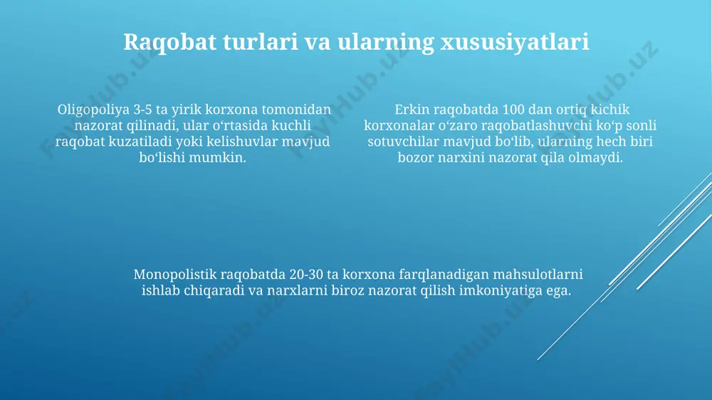 hujjatlari orqali himoya qilinadi, bu esa ma'lum bir davr uchun bir nechta yoki bitta korxona uchun monopol ishlab chiqarish huquqini ta'minlaydi. raqobatning mohiyati, shakllari, turlari va usullari raqobat kurashining 2 ta asosiy usuli mavjud: narx vositasidagi va narxsiz raqobat. narxsiz raqobatda sifat, xizmat va brend kabi omillar muhim rol o'ynaydi. raqobatning asosiy vazifalaridan biri - resurslarni eng samarali joylashtirish, ya'ni 3 ta omil - kapital, mehnat va yerni samarali taqsimlash. raqobat bozor sub'yektlari o'rtasidagi iqtisodiy manfaatlar to'qnashuvi bo'lib, 4 asosiy shaklga ega: erkin raqobat, monopolistik raqobat, oligopoliya va sof monopoliya. xulosa monopoliya esa, o'z navbatida, narxlarning sun'iy oshishiga, mahsulot sifati pasayishiga, 3 ta yangi raqobatchilarning kirib kelishiga to'sqinlik qilishga olib keladi. sog'lom raqobat muhiti iste'molchilarga 5 dan ortiq tanlov imkonini yaratadi, tadbirkorlik subyektlari esa samaradorlikni oshirishga majbur bo'ladi. bu esa butun iqtisodiyotning sog'lom rivojlanishiga zamin yaratadi. bozor iqtisodiyoti sharoitida raqobat va monopoliya muammolari iqtisodiy taraqqiyotning 2 muhim tarkibiy qismi sifatida …