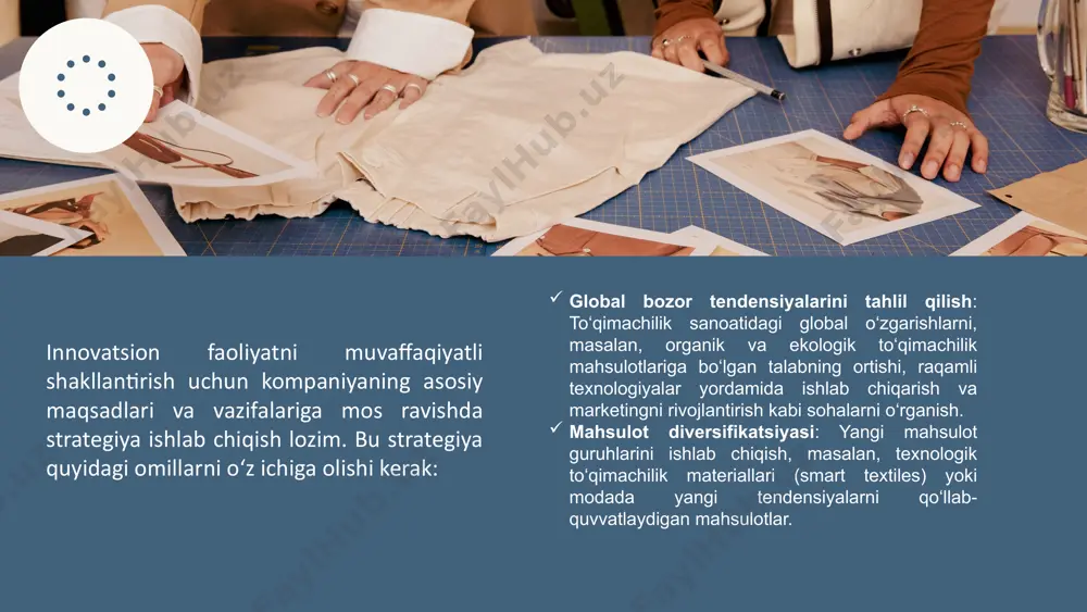 igini va mahsulot sifatini baholash uchun ishlatiladi. sinovlar va testlar: yangi mahsulotlarni sinovdan o‘tkazish, ular bozor talablariga mos kelishini tekshirish. bu mahsulotning chidamliligi, kiyish qulayligi, funksionalligi va estetikasi kabi omillarni o‘z ichiga oladi. foydalanuvchi fikrini yig‘ish: mahsulotni bozorga chiqarishdan oldin foydalanuvchilardan fikr-mulohazalar olish. bu, ayniqsa, kiyim-kechak va dizayn mahsulotlari bo‘yicha zarur. jahonning ilg‘or to‘qimachilik kompaniyalari va texnologik markazlari bilan hamkorlik qilish quyidagi yo‘nalishlarda amalga oshirilishi mumkin: texnologiya almashish: jahonning ilg‘or to‘qimachilik kompaniyalari bilan texnologiyalarni almashish va ulardan o‘rganish. masalan, ilg‘or ishlab chiqarish texnologiyalari, bo‘yoqlarni innovatsion ishlatish usullari yoki to‘qimachilik materiallarini ishlab chiqishdagi ilg‘or amaliyotlarni o‘rganish. hamkorlikda mahsulot ishlab chiqish: o‘zaro hamkorlikda yangi mahsulotlar yaratish. masalan, boshqa kompaniyalar bilan birgalikda yangi texnologik to‘qimachilik materiallari yoki maxsus dizaynlar ishlab chiqish. e’tiboringiz uchun rahmat image1.png image2.svg image3.jpeg image4.png image5.svg image6.png image7.svg image8.png image9.svg image10.jpeg image11.png image12.svg image13.jpeg image14.jpeg image15.jpeg image16.jpeg image17.jpeg image18.jpeg image19.png image20.svg image21.png image22.svg image23.png image24.svg image25.png image26.svg image27.png image28.svg image29.jpeg …