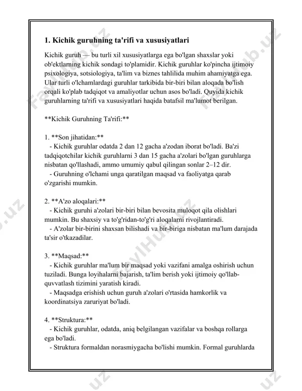 liderlik roli bu guruhlarda bir qancha jihatlar bilan namoyon bo'ladi. quyida kichik guruhlarda liderlikning ahamiyati va ta'sirini tushunish uchun ba'zi raqamli ko'rsatkichlar va faktlar keltirilgan: 1. **g'uruhdagi samaradorlikni 30% gacha oshirish**: tadqiqotlar shuni ko'rsatadiki, kuchli liderlikka ega bo'lgan guruhlar samaradorlikda sezilarli darajada o'sishga erishishadi. kichik guruhlarda a’lochi liderlar vazifalarni taqsimlash, motivatsiya va guruh a’zolarini rag'batlantirish orqali samaradorlikni 20% dan 30% gacha oshirishi mumkin. 2. **kommunikatsiya muhitini yaxshilash**: kichik guruhlarda samarali liderlik a'zolar o'rtasidagi kommunikatsiya sifatini 50% ga yaxshilashi mumkin. bu o'z navbatida guruh a'zolari o'rtasida imkoniyatlar va resurslarning yanada samarali almashinuvini ta'minlaydi. 3. **motivatsiya darajasini 40% gacha oshirish**: kichik guruhlarda liderlar motivatsiya omili sifatida katta rol o'ynaydi. tadqiqotlar shuni ko'rsatadiki, liderlar tomonidan to'g'ri motivatsiya usullaridan foydalanish guruh a'zolarining motivatsiyalarini 40% gacha oshirish imkonini beradi. 4. **stress va ziddiyatlarni 25% ga kamaytirish**: liderlik samarali boshqarilgan guruhlarda stress va ichki ziddiyatlar miqdori 25% ga kamayadi. kuchli liderlik a'zolarning muammolarni birgalikda hal qilish …