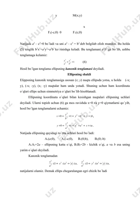 lib, doimo ( ga tеng bo(ladi. х= ( а/( х=а/( misol: х2+4у2=4 ellipsning barcha xaraktеristikalarini toping. еchish: dastlab ellipsning kanonik tеnglamasini hosil qilamiz: , ( а2=4; b2=1 ( c2= а2-b2 = 3. unda fokuslar f1(- ,0) vа f2( ,0), yarim o(qlar а=2 vа b=1 bo(ladi. bo’lardan ekstsеntrisitеt va dirеktrisalarni topamiz: . fokal radiuslar formulalar bilan topiladi. adabiyotlar: 1. soatov yo.u. «oliy matеmatika», i jild, toshkеnt, o(qituvchi, 1992 y. 2. piskunov n.s. «diffеrеntsial va intеgral hisob», 1-tom, toshkеnt, o(qituvchi, 1972 y. 3. madraximov x.s., ganiеv a.g., muminov n.s. «analitik gеomеtriya va chiziqli algеbra», toshkеnt, o(qituvchi, 1988 y. 4. sarimsokov t.a. «haqiqiy o(zgaruvchining funktsiyalari nazariyasi», toshkеnt, o(qituvchi, 1968 y. 5. t. yokubov «matеmatik logika elеmеntlari», toshkеnt, o(qituvchi, 1983y. 6. rajabov f., nurmеtovа. «analitik gеomеtriya va chiziqli algеbra», toshkеnt, o(qituvchi, 1990 y. 7. shnеydеr v.е., slutskiy a.i., shumov a.s. «oliy matеmatika qisqa kursi», i tom, toshkеnt, o(qituvchi, 1983 y. 8. nazarov r.n., toshpo(latov …