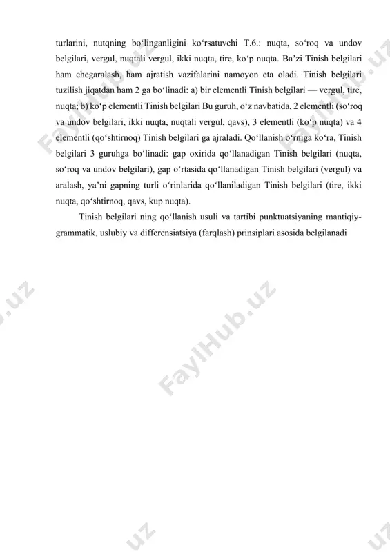 rni aniqlash va tuzatish tajribasini taqdim etishga intiladi. nlp asosidagi tekshiruvchilar, ortografik va grammatik xatolarni aniqlash bilan birga, kontekst, sintaksis va semantika tahlilini amalga oshirib, mo‘ljallangan xabarni yaxshiroq tushunib, aniq tuzatishlar va takliflar taqdim etadi. tinish belgilar yozma nutqning ajralmas tarkibiy qismi bo‘lib, ular matnning tuzilishini, ohangini, fikrlar orasidagi mantiqiy bog‘liqlikni ifodalashda muhim rol o‘ynaydi. og‘zaki nutqda ohang, pauza, urg‘u kabi intonatsion vositalar orqali fikr ifodalanadi. yozma nutqda esa ushbu vazifani tinish belgilar bajaradi. tinish belgilar fikrning yakunlanganligini, davomiyligini, turlanishini va emotsional tusini ko‘rsatadi. ular matnni o‘qishni yengillashtiradi, noto‘g‘ri talqin qilinishining oldini oladi.yozma nutqning ma’nodorligi, mazmunan aniqligi, grammatik tuzilishi va o‘qishga qulayligi ko‘p jihatdan tinish belgilariga bog‘liq. shuning uchun ham ularni to‘g‘ri qo‘llash savodxonlik belgisi hisoblanadi. tinish belgilarini bilish va amaliyotda to‘g‘ri qo‘llash yozma nutq madaniyatining ajralmas qismi sanaladi. tinish belgilarining funksional vazifalari: ▪ sintaktik vazifasi tinish belgilarining asosiy vazifalaridan biri – sintaktik vazifa, ya’ni matnda gaplarning tuzilishi va ularning …