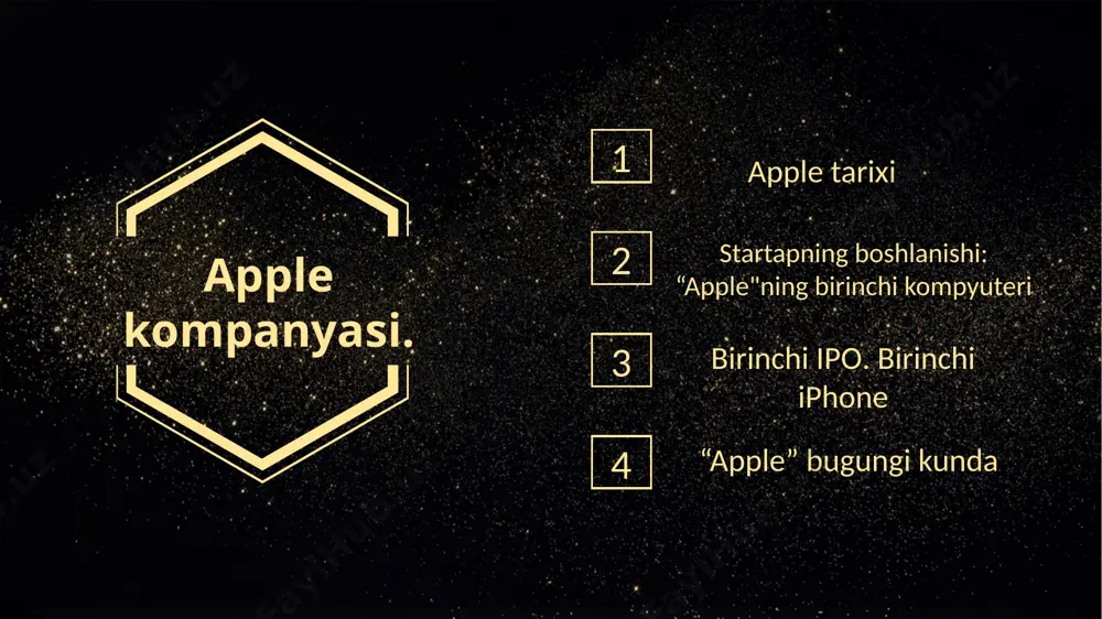 tish bilan bogʻliq muammolar shunga olib keldiki, jobs oʻzning 40 ta ishchisini boʻshatishga majbur boʻladi. 1985-yilda aqsh prezidenti ronald reygan texnik progressni rivojlantirgani uchun jobs va wozniakga medal topshiradi. apple"ning hikoyasi bitta garaj va uchta do‘st bilan boshlanadi. stiv jobs va stiv voznyak — kompaniyaning eng taniqli asoschilaridir jobs va voznyak 1971-yilda umumiy do‘sti bill fernandes orqali tanishgan, keyinchalik u “apple” kompaniyasining birinchi xodimlaridan biriga aylangan jobs va voznyak birgalikda 1975-yildan beri kaliforniyaning menlo-park shahrida o‘tkazib kelinadigan “homebrew” kompyuter klubida ishtirok etishadi. u yerda voznyak birinchi bo‘lib “mits"ning altair mikrokompyuterini ko‘rdi va kompaniyaning o‘z qo‘llari bilan qilish usulidan ilhom oldi. u iste’molchi uchun oddiyroq narsani yaratmoqchi edi. shunday qilib, voznyak yozuv mashinkasiga o’xshash klaviaturali birinchi kompyuterni yaratdi. ekran o’rniga oddiy televizorni ulashingiz mumkin. keyinchalik “apple i” deb nomlangan ixtiro zamonaviy kompyuterning prototipiga aylandi. jobs voznyakning ixtirosini yoqtirdi va uni ishlab chiqarishni moliyalashtirish uchun “vw” mikroavtobusini sotdi. voznyak o‘zining hp kalkulyatorini …
