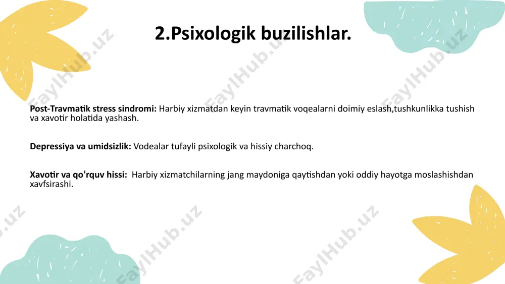 ) – bu jang maydonidagi travmatik voqealar tufayli yuzaga keladigan murakkab ruhiy buzilishdir. bu holat ko‘pincha qayta tirilish xotiralari, haddan tashqari sergaklik, hissiy chekinish va kundalik hayot sifatining pasayishi bilan kechadi. ptsdni davolashda psixoterapiya, medikamentoz davolash, hayot tarzi o‘zgarishlari va ijtimoiy qo‘llab-quvvatlash muhim ahamiyatga ega. mazkur muammo individual va jamiyat darajasida e’tibor talab qiladi. vaqtida yordam ko‘rsatilsa, jabrlangan insonlar o‘z hayot sifatini yaxshilab, jarohatning ta'sirini kamaytirishi mumkin. shu bois, ptsd alomatlarini tan olish va mutaxassisga murojaat qilish – davolanish yo‘lidagi birinchi qadamdir. foydalangan adabiyotlar ro’yxati. 1.g’oziyev e.g.uumumiy psixologiya .toshkent.2002.1-2 kitob 2.world health organization (who)-ruhiy salomatlik va ptsdga oid xalqaro tadqiqotlar va tavsiyalar. 3.judith herman. trauma and recovery-travma ruhiyati va jarohatni boshqarish usullari haqidagi klassik ish. 4.дружинина в.психологияа учебник пидер.2003 e’tiboringiz uchun tashakkur ! thank you very much! image1.jpeg image2.png image3.svg image4.png image5.svg image6.png image7.svg image8.png image9.svg image10.png image11.png image12.png image13.png image14.png image15.png image16.png image17.png image18.png image19.png image20.png image21.png image22.png image23.png …