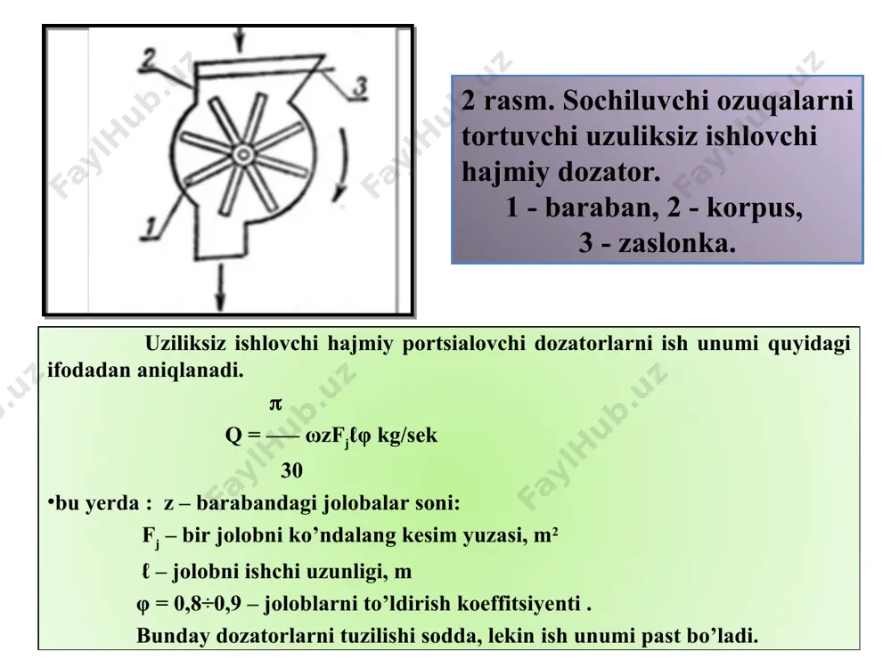 mli moddalar va vitaminlarni sifatli saqlanishini ta’minlaydi hamda ozuqa tarqatish, tashish va ozuqalarga ishlov berish texnologik chiziqlarida dozalash jarayoni yaxshilanadi. presslash deb tashki kuch ta’sirida donador yoki tolasimon materiallarning zichligini oshirish maqsadida material bo’lakchalarinin yaqinlashtirish jarayoniga aytiladi. ozuqalarni zichlash yo’li bilan tayorlashda presslash, eshish, briketlash, granullash usullari qo’llaniladi. texnikada presslash deganda yopiq kamerada ezish yo’li bilan bajarilgan zichlash jarayoni tushuniladi. zichlash jarayoni material bo’lakchalarini bog’lanish kuchi hosil bo’lguncha davom ettiriladi. ta’sir etilgan kuch vaqt birligida yetarli bo’lganda presslash natijasida bir butun monolit hosil bo’ladi. maydalangan poyali ozuqalarni 200kg/m3 gacha zichlansa presslangan bo’ladi. briket bo’lakchalarining uzunligi 5dan 50mm gacha bo’lganda eng yaxshi mustaxkamlikga ega bo’ladi. briket o’lchamlari 30 x 30 x 60 yoki 100 x 100x 100 gacha bo’ladi. bunday usul bilan presslangan poyali ozuqa (pichan bog’lami) shakli, sim yoki shpagatlar yordamida bog’lab saqlanadi. briketlash yuqoriroq 400-900kg/m3 gacha zichlash usulidir, bunda bo’lakchalar bir biriga kirishish yoki tortilish xisobiga shakli va o’lchamining …