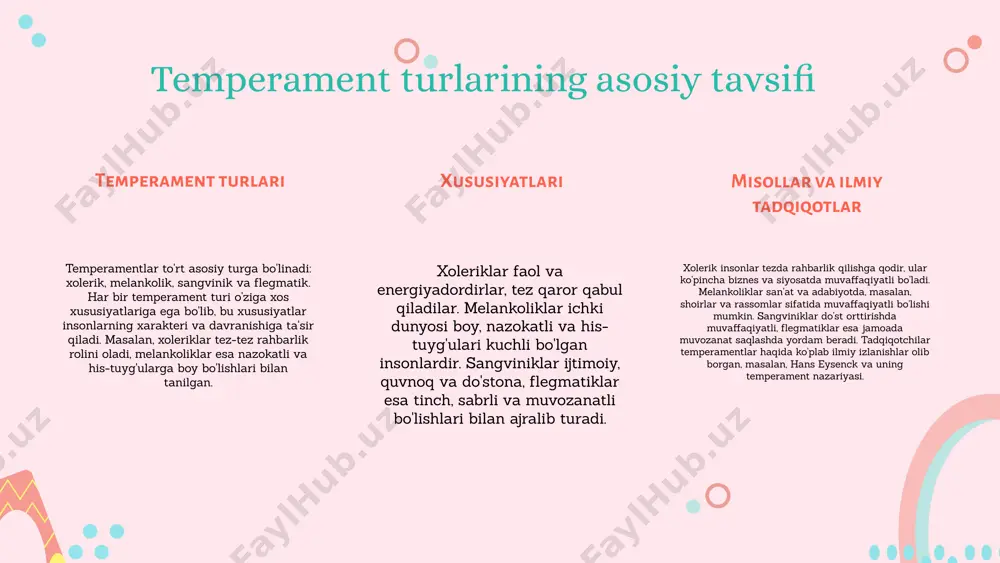 xulq-atvorini yanada aniqroq aniqlash imkonini beradi. temperament va shaxsiyat o'rtasidagi bog'liqlik temperament va shaxsiyat tushunchalari temperament - bu insonning his-tuyg'ulari va xulq-atvoriga ta'sir qiluvchi tabiiy xususiyatlar to'plami. shaxsiyat esa, insonning o'ziga xos xususiyatlari, fikrlash uslubi va ijtimoiy munosabatlarini ifodalaydi. masalan, temperament insonning qanday muammolarni hal qilishiga va qanday aloqalar o'rnatishiga ta'sir etadi. ularning o'zaro bog'liqligi temperament va shaxsiyat o'rtasida kuchli bog'liqlik mavjud. temperament, shaxsiyatni shakllantiruvchi asosiy omillardan biri sifatida, insonning hayotdagi tajribalariga va ijtimoiy muhitga ta'sir qiladi. misol uchun, xolerik temperamentga ega insonlar ko'pincha faol va energiya bilan to'la bo'lishadi, bu esa ularning shaxsiyatlarida ijobiy o'zgarishlarga olib kelishi mumkin. shaxsiyat rivojlanishida temperamentning o'rni temperament shaxsiyat rivojlanishida muhim rol o'ynaydi. u insonning qobiliyatlari, qiziqishlari va hissiyotlariga ta'sir ko'rsatadi. masalan, melankolik temperamentga ega bo'lgan shaxslar ko'proq chuqur fikrlovchi va sezgir bo'lishlari mumkin, bu esa ularning kreativ imkoniyatlarini oshiradi. shuningdek, turli temperamentlar bilan bog'liq misollar keltirish, ularning shaxsiyatga ta'sirini yanada ravshanlashtiradi. temperamentning shaxsiyatga …