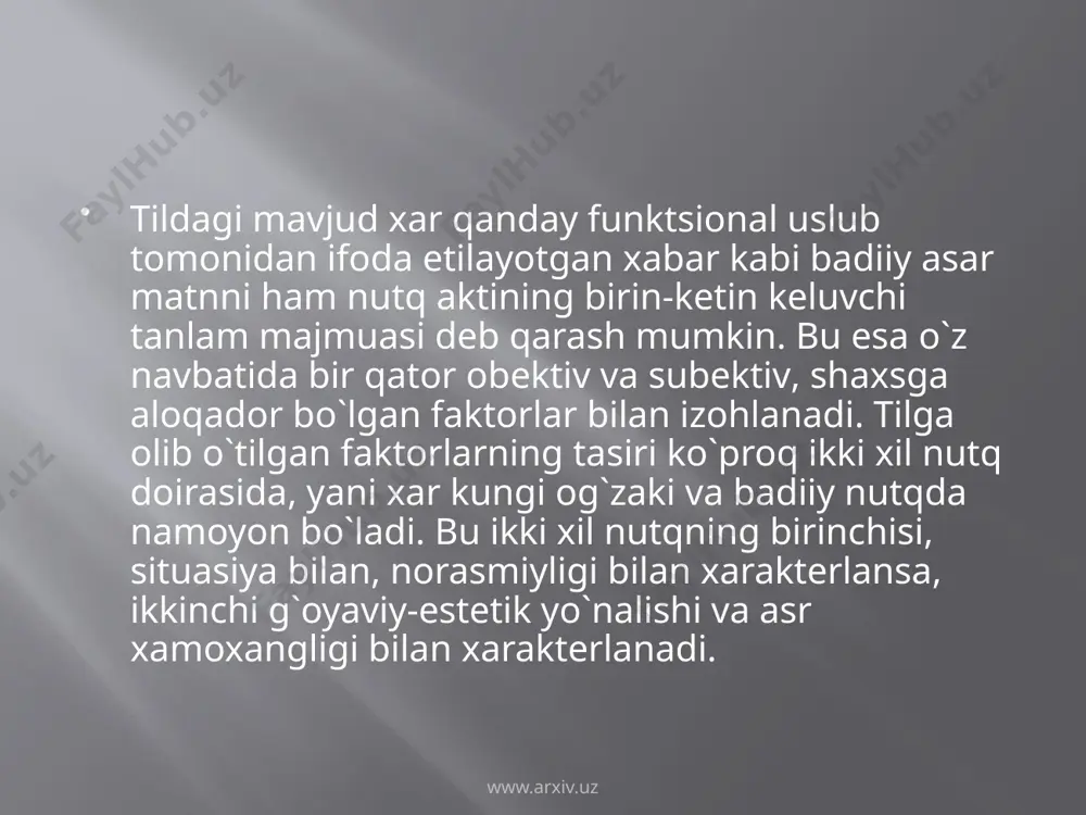 soʻz yasashi hamda uning boshqa xususiyatlari qayd etiladi. hosildorlik yasama soʻzining tahlili xuddi shu tarzda qayd etiladi. www.arxiv.uz lingvistik tahlil turlari leksikologik tahlil; frazeologik tahlil; semasiologik tahlil; fonetik tahlil; imloviy tahlil; orfoepik tahlil; morfemik tahlil; sintaktik tahlil; punktuatsion tahlil; uslubiy tahlil; etimologik tahlil. www.arxiv.uz misollar olma – daraxt va meva ma’nosida olmani tagiga olma tushadi(ko’ch.m) olma – o-o’rta keng unli l-yon tovush m-burun tovushi a-o’rta keng unli olma – tub so’z, ot so’z turkumiga oid olma – ega, kesim, ikkinchi darajali bo’lak, undalma, izohlovchi vazifasida kela oladi leksikologik tahlil; frazeologik tahlil; fonetik tahlil; morfemik tahlil; sintaktik tahlil; www.arxiv.uz