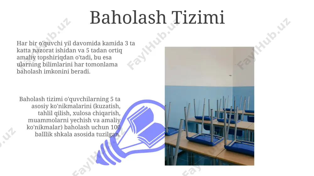 ini ko'rsatdi. sinfda o'tkazilgan so'rov natijalariga ko'ra, 15 talik guruhda ishlash, muhokama qilish va loyihalar ustida birgalikda ishlash o'quvchilarning faolligini 25% ga oshirdi. tajriba o'tkazish tajriba o'tkazish jarayonida o'quvchilar 5-10 tadan turli xil o'simliklarning 20 dona urug'ini ekib, ularning unib chiqish darajasi va o'sish sur'atini taqqoslashlari mumkin. fotosintez tajribasida suv o'tlarini 2 soat davomida yorug'lik va qorong'ilik sharoitlarida kuzatish orqali chiqarilgan kislorod miqdorini o'lchash mumkin, bu jarayon 2-3 marta takrorlanadi. xavfsizlik texnikasi 01 02 maktab biologiya laboratoriyasida 3 dan ortiq o'quvchi bir vaqtda xavfli tajribalarni o'tkazmasligi kerak, xavfsizlik qoidalariga rioya qilish uchun 1:3 nisbatda o'qituvchi nazorati ta'minlanishi zarur. sales 1st qtr 2nd qtr 100 0 sales 1st qtr 2nd qtr 100 0 laboratoriya ishlari laboratoriya ishlarida o'quvchilar 5-10 kishilik guruhlarga bo'linib, har bir guruhga 2-3 ta tajriba vositalari va 1 ta mikroskop taqdim etiladi. tajriba jarayonida xavfsizlik qoidalariga rioya qilish uchun har bir o'quvchiga himoya ko'zoynaklari va 3 ta qo'lqop …