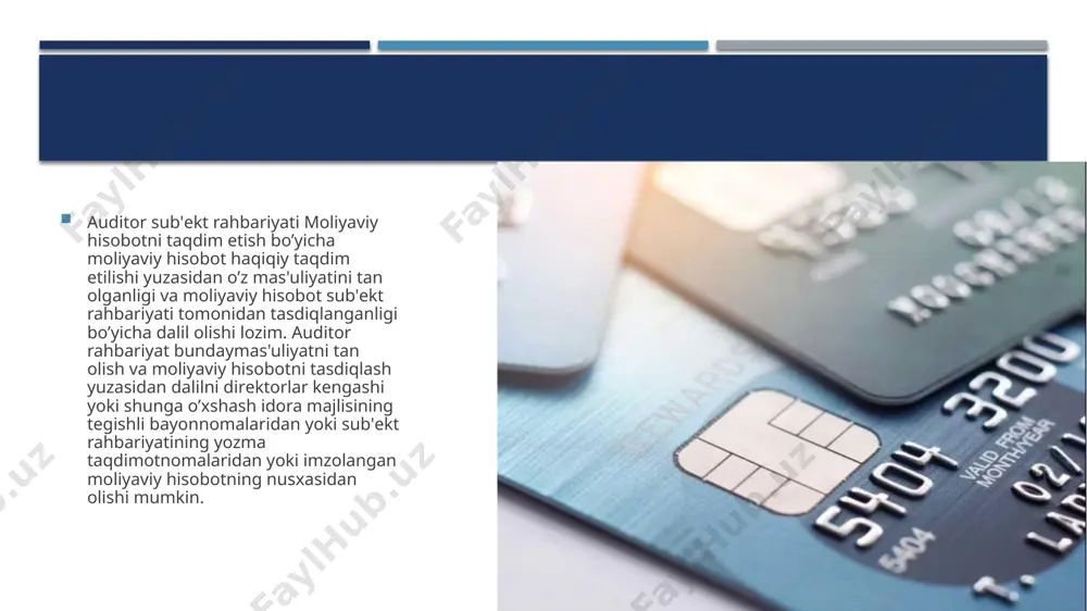 ditor quyidagilarga asosan yetarli dalillarni to’plashi lozim: ichki nazorat vositalarini tekshirish; schyotlar bo’yicha qoldiqlar va oborotlarni buxgalteriya hisobida aks ettirishning to’g’riligini tekshirish; tahliliy amallar. boshqa auditor ishi natijasidan foydalanish 27-sonli fpsad "boshqa auditorlik ishining natijalaridan foydalanish" auditorlik tashkiloti yoki yakka tartibdagi auditor auditorlik tashkilotining moliyaviy hisoboti bo'yicha auditorlik xulosasini tuzishda boshqa auditorlik ishining natijalaridan foydalanish holatlari uchun yagona talablarni belgilaydi. boshqa auditor bir yoki bir nechta bo'limlar tomonidan taqdim etilgan va tekshirilayotgan tashkilotning buxgalteriya hisobiga kiritilgan moliyaviy ma'lumotlarni ko'rib chiqadi. bosh auditor, boshqa auditorning ish natijalaridan foydalanganda, boshqa auditorning ishi auditga qanday ta'sir qilishini aniqlashi kerak, chunki bosh auditor auditorlik tashkilotining moliyaviy hisoboti bo'yicha auditorlik xulosasini tayyorlash uchun javobgardir, hatto bunday hisobotlar boshqa auditor tomonidan tekshirilgan bir yoki bir nechta bo'limlar uchun moliyaviy ma'lumotlarni o'z ichiga oladi. auditor o'zining auditda ishtirok etishi asosiy auditor sifatida ishlash uchun etarli yoki etarli emasligini aniqlaydi. shu munosabat bilan bosh auditor quyidagilarni hisobga oladi: …