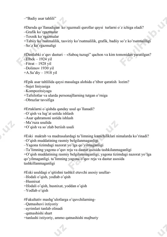 yg’otishni +ishtirokchi o`quvchilarning nazzariy bilimini yuksaltirishni, fanga qiziqish uyg’otishni –o`quvchi nutqini o`stirishni #fikr yangi xat boshidan boshlanmagan bo’lsa xato qanday belgi bilan to’g’rilanadig? –daftar hoshiyasiga(//) –bitta to’g’ri chiziq(/) +gaplar orasiga (z) –xato ostiga bir chiziq (_) #g’azallar qanday o`rganiladi? +o`qish va sharhlash usullari bilan –ma’ruza usuli bilan –ma’ruza-suhbat usuli bilan –suhbat usuli bilan #har qanday badiiy asar tahlili qaysi usuldan boshlanadi? –obrazlar tavsifi +ifodali o’qish –asar mazmunini tanishtirishdan –kompozitsion tahlil #hozirgi vaqtdagi noan’anaviy darslar qaysilar? –konferensiya darslari, binary dars –senariyli darslar +konferensiya darslari,ssenariyli darslar, musobaqa darslar –musobaqa darslar #ilk “makotib” –metodik birlashma qachon tashkil topdi va uning rahbari kim edi? –1920yil, avloniy –1919yil, cho’lpon –1920yil, avloniy +1918 yil, zuffar nosiriy #insho so’zining ma’nosini aniqlang? +arabcha paydo qilmoq, yaratmoq, badiiy ijod, sochma asar, yozuv, xat –arabcha paydo qilmoq, yaratmoq –arabcha ijod, sochma asar, yozuv, xat –arabcha yozuv, xat #insho yozishga tayyorlanishda birinchi bosqichga quyidagilardan qaysi biri to’g’ri keladi? –reja tuzish, materiallarni …