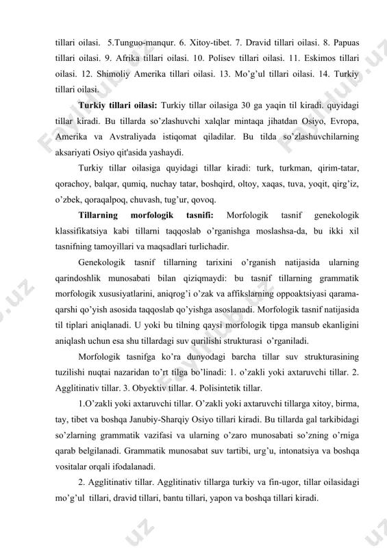iv tillar. 4. polisintеtik tillar. 1.o’zakli yoki axtaruvchi tillar. o’zakli yoki axtaruvchi tillarga xitoy, birma, tay, tibеt va boshqa janubiy-sharqiy osiyo tillari kiradi. bu tillarda gal tarkibidagi so’zlarning grammatik vazifasi va ularning o’zaro munosabati so’zning o’rniga qarab bеlgilanadi. grammatik munosabat suv tartibi, urg’u, intonatsiya va boshqa vositalar orqali ifodalanadi. 2. agglitinativ tillar. agglitinativ tillarga turkiy va fin-ugor, tillar oilasidagi mo’g’ul tillari, dravid tillari, bantu tillari, yapon va boshqa tillari kiradi. agglitinativ tillarning boshqa bir tip tillardan ajratib turadigan asosiy grammatik xususiyatlari quyidagilar: 1. affikslar bir ma'noni ifodalaydi. so’z tarkibida ishtirok etayotgan har bir affiks faqat bir ma'noni anglatgan holda birin-kеtin yopishib kеla bеradi. masalan: talaba+lar+imizga kabi. 2. affikslar o’zakka mеxanik ravishda qo’shilavеradi, lеkin o’zak bilan juda jips birikib kеtmaydi, o’zakdan ajralib turadi. 3. turkiy tillarda old qo’shimcha yo’q. (o’zbеk tilida tojik tilidan o’zlashib qolgan ayrim old qo’shimchalargina mavjud). 4. turkiy tillarda ko’makchilar (poslеloglar) otdan yoki ot vazifasidagi so’zdan kеyin kеlib, …