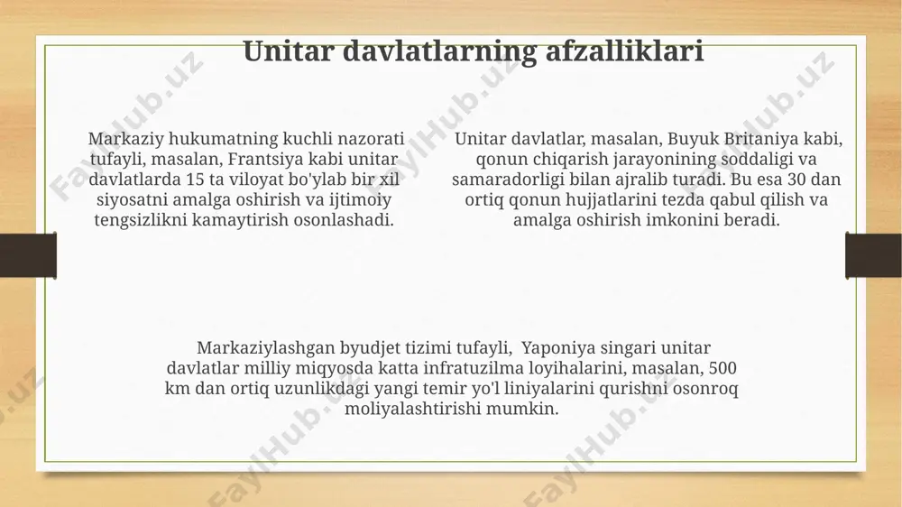 va samaradorlik pasayadi. federal tuzumda, aqshda bo'lgani kabi, har xil shtatlarning turli soliq siyosatlari iqtisodiy notekislikka va 3% ga yaqin daromadlar farqiga olib kelishi mumkin. hukumat tuzilmasi: federal davlatlarda avstraliya federatsiyasi 6 ta shtat va 2 ta hududdan iborat bo'lib, har bir shtat o'zining vakolatlari doirasida qonun chiqarish huquqiga ega, ammo federal hukumatning ustunligi saqlanib qoladi. federal davlatlarda, masalan, aqshda, 50 ta shtat o'zining ichki ishlarini boshqaradi, lekin umumiy mudofaa va tashqi siyosat kabi masalalarda federal hukumatga bo'ysunadi. germaniya kabi federal davlatlarda, 16 ta yer (land) o'zining konstitutsiyasi va parlamentiga ega bo'lib, federal qonunlarga mos ravishda faoliyat yuritadi. unitar davlatlarning ta'rifi taxminan 160 dan ortiq davlatning 70 foizi unitariy davlatlar bo'lib, ularning aksariyati kichik maydon va aholi soniga ega bo'lgan, masalan, singapur kabi davlatlar hisoblanadi. unitariy davlatlarning asosiy xususiyati – hudud bo'yicha 3 yoki undan kamta bo'lgan bir hil ma'muriy-hududiy birliklarning mavjudligi, masalan, buyuk britaniyada. unitariy davlatlarda, masalan, frantsiya yoki …