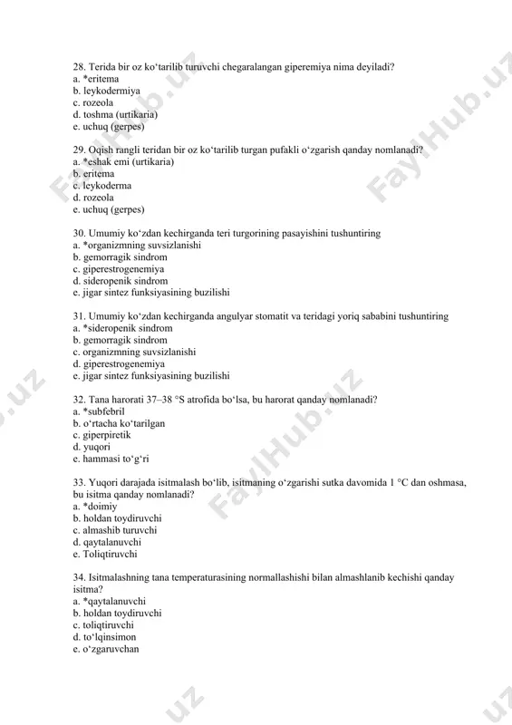 yne–stokes nafas olish b. kussmaul nafas olish c. grokko–drugoni nafas olish d. biot nafas olish e. hammasi to‘g‘ri 41. ekssudativ plevritda hansirashning qaysi turi kuzatiladi? a. *ekspirator hansirash b. stridorozoz nafas c. kussmaul yoki cheyne–stokes nafas d. cheyne–stokes yoki biot nafas e. inspirator hansirash 42. ikkala o‘pkada ovoz dirillashining pasayishi qaysi patologik holatda kuzatiladi? a. *o‘pka emfizemasida b. o‘tkir bronxitda c. gidrotoraksda d. o‘pka infarktida e. o‘pka atelektazida 43. oldindan o‘pkaning yuqori chegarasi aniqlanadi: a. *umrovdan 3–4 sm yuqorida b. i qovurg‘adan 3–4 sm yuqorida c. umrov suyagidan 4–5 sm yuqorida d. umrov suyagidan 2–3 sm yuqorida e. i qovurg‘adan 4–5 sm yuqorida 44. o‘pkaning yuqori chegarasi orqadan qaysi sohada aniqlanadi: a. *vii bo‘yin umurtqa chegarasida b. i ko‘krak umurtqa chegarasida c. vii bo‘yin va i ko‘krak umurtqa oralig‘ida d. vi bo‘yin umurtqa chegarasida e. to‘g‘ri javob yo‘q 45. o‘pka pastki chegarasining maksimal ko‘chuvchanligi: a. *o‘rta qo‘ltiq osti chizig‘i b. …