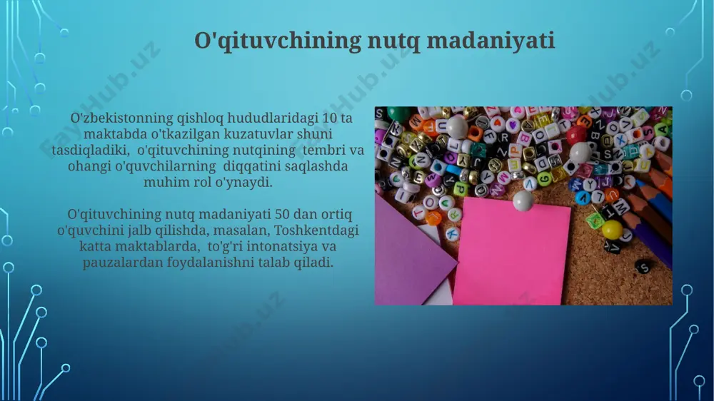 ablarda qo'llanila boshlangan va o'quvchilarning mustaqil o'rganish ko'nikmalarini 30% ga oshirgan. samarqand shahridagi pedagogika institutida o'tkazilgan amaliy mashg'ulotlarda 100 nafar talaba interfaol ta'lim usullarini qo'llagan holda, 80% ga yaqin o'quvchilar o'z bilimlarini mustahkamlashga erishgan. pedagogik texnika tushunchasi jahon miqyosida 100 dan ortiq pedagogik texnika mavjud bo'lib, ularning samarali qo'llanishi, o'qituvchining pedagogik mahorati va o'quvchilarning individual xususiyatlarini hisobga olishni talab qiladi, masalan, farg'ona vodiysidagi maktablarda. pedagogik texnika, o'qituvchining 20 dan ortiq turdagi o'quv uslublarini qo'llash mahoratini, masalan, interfaol o'yinlarni va muammoli vaziyatlarni samarqanddagi maktablarda qo'llashini o'z ichiga oladi. o'quvchilarning motivatsiyasini oshirish motivatsiyani oshirishda o'yinlashtirish usullari, jumladan, 30 dan ortiq o'yinlar to'plamini qo'llash orqali samarqanddagi ta'lim muassasalarida o'quvchilarning faol ishtiroki 25% ga oshgan. o'quvchilarning 70% gacha qismi amaliy mashg'ulotlar orqali, masalan, toshkentdagi 5-maktabda qo'llanilgan loyihalar usuli yordamida, motivatsiyasi sezilarli darajada oshirilishini ko'rsatuvchi tadqiqotlar mavjud. e'tiboringiz uchun rahmat @taqdimot_robot image3.jpg image4.jpg image5.jpg image6.jpg image7.jpg image8.jpg image9.jpg image10.jpg image11.jpg image12.jpg image13.jpg image14.jpg image15.jpg image16.jpg …