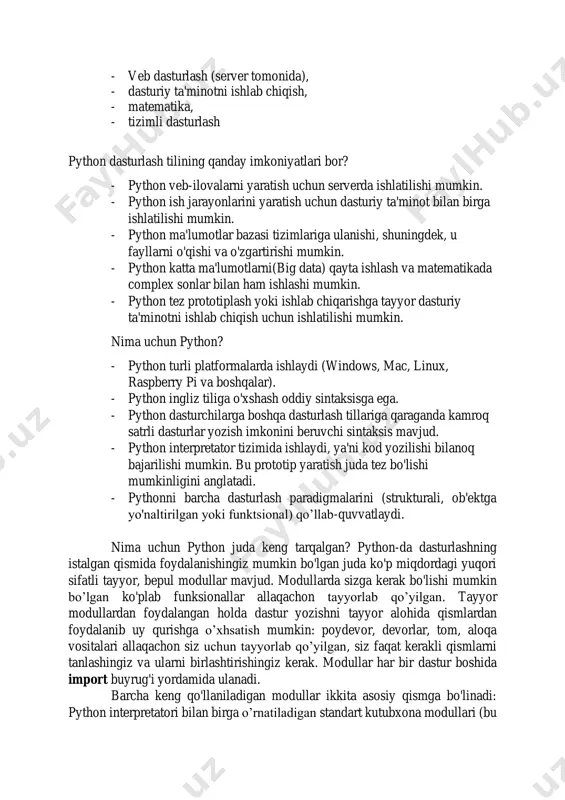 yoki c ++ dan ozgina ortda qoladi". python -dan foydalanadigan yirik tashkilotlarga vikipediya, google, yahoo !, cern, nasa, facebook, amazon, instagram, spotify va ilm va ita kabi ba'zi kichikroq tashkilotlar kiradi. reddit ijtimoiy axborot tarmog'i asosan pythonda yozilgan. u quyidagi sohalarda qo’llaniladi: - veb dasturlash (server tomonida), - dasturiy ta'minotni ishlab chiqish, - matematika, - tizimli dasturlash python dasturlash tilining qanday imkoniyatlari bor? - python veb-ilovalarni yaratish uchun serverda ishlatilishi mumkin. - python ish jarayonlarini yaratish uchun dasturiy ta'minot bilan birga ishlatilishi mumkin. - python ma'lumotlar bazasi tizimlariga ulanishi, shuningdek, u fayllarni o'qishi va o'zgartirishi mumkin. - python katta ma'lumotlarni(big data) qayta ishlash va matematikada complex sonlar bilan ham ishlashi mumkin. - python tez prototiplash yoki ishlab chiqarishga tayyor dasturiy ta'minotni ishlab chiqish uchun ishlatilishi mumkin. nima uchun python? - python turli platformalarda ishlaydi (windows, mac, linux, raspberry pi va boshqalar). - python ingliz tiliga o'xshash oddiy sintaksisga ega. - …