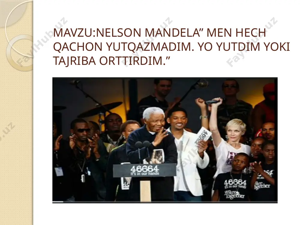 dentning taklifini rad etdi. shundan soʻng uning obroʻsi mamlakatda keskin oshib ketdi. aholi ham mandelani haqiqiy lider sifatida koʻra boshladi. 1993-yil nelson mandela va prezident de klark janubiy afrikada aperteidga chek qoʻyish borasidagi ishlari uchun tinchlik boʻyicha nobel mukofotiga sazovor boʻldi. qamoqdan chiqqach mandela prezident de klark bilan saylov masalasida bir qancha muzokaralar olib bordi. nelson va prezident de klarkning saʼy-harakatlari natijasida oʻzaro kelishuvga erishildi. 1994-yil 27-aprel kuni janubiy afrika respublikasida birinchi demokratik saylov oʻtkazildi. saylovda 77 yoshli nelson mandela gʻalaba qozondi va mamlakatning birinchi qora tanli prezidentiga aylandi. mandela mamlakatdagi oq tanlilar va qora tanlilar oʻrtasidagi munosabatlarni yaxshilash uchun sportdan foydalandi. 1995-yilda janubiy afrikada regbi boʻyicha jahon kubogini oʻtkazildi. bu davlatning xalqaro maydondagi obroʻsi oʻsishiga yordam berdi. mandela davrida ish oʻrinlarini yaratish, uy-joy qurish, meditsina uchun katta mablagʻ ajratildi. 1996-yilda liberal demokratiyaga asoslangan yangi konstitutsiyani imzoladi. etiboringiz uchun rahmat image2.jpeg image3.jpeg image4.jpeg image5.jpeg image6.jpeg image7.jpeg image8.jpeg image9.jpeg image10.jpeg image11.jpeg …