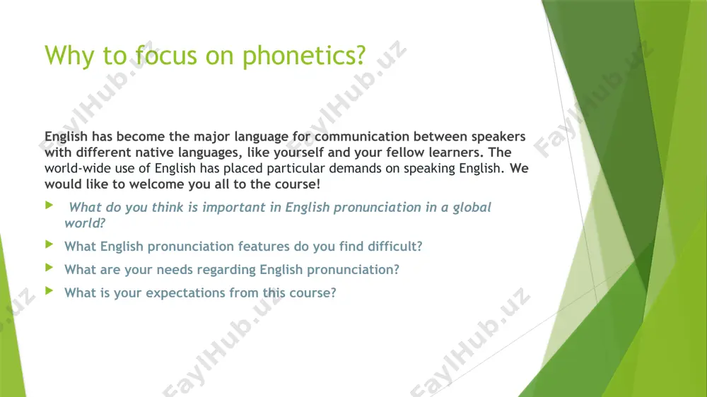 a of phonetics course content self-study (60 hours) assessment ( whole course 150 hours) practical lessons (60 hours) brief course content of the subject 1 varieties of english pronunciation accents and dialects 3 syllables; types of syllables stress; types of stress and their role 4 intonation and its types analysis of words and sentences 2 letters and sounds. consonant and vowel sounds; reading rules of consonants and vowels methods of assessment formative & summative formative assessment- to weigh students’ skills via exercises and tasks, with tutor feedback as appropriate and to monitor student’s learning to provide ongoing feedback that can be used by instructors to improve their teaching and by students to improve their learning. summative assessment- to evaluate student’s learning and academic achievement at the end of a term, year or semester by comparing it against national education standards or university benchmark. formative (on-going assessment) summative (course end assessment) …