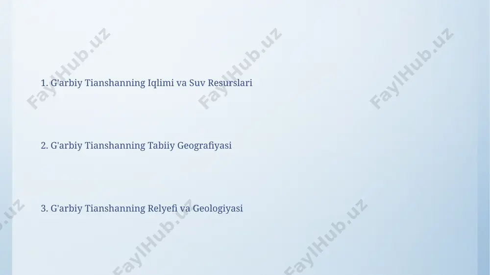 yil ichida 50% ga yaqinlashtirilgan bioxilma-xillikni muhofaza qilishni oʻz ichiga oladi. kelajakda gʻarbiy tianshan hududining 20% dan ortiq qismini qamrab oluvchi ekoturizmni rivojlantirish, mintaqaning iqtisodiy oʻsishini va mahalliy jamoalarning turmush darajasini 2030 yilgacha 30% ga oshirishni taʼminlaydi. tuproqlari tuproqlarning 80% dan ortigʻi qoʻngʻir va jigarrang tuproqlardan iborat boʻlib, ularning unumdorligi oʻrtacha va past darajada boʻladi. baland togʻli hududlarda, 3000 metrdan yuqori bo'lgan zonalarda, litosol va regosol kabi kam unumdor tuproq turlari keng tarqalgan. iqlimi iqlimi kontinental, yillik yogʻin miqdori 200-400 mm ni tashkil etib, asosan bahor va kuzda yogʻadi. bu esa flora va faunani shakllantirishda muhim rol oʻynaydi. iqlimning oʻrtacha yillik temperaturasi 8-10°c atrofida boʻlib, yoz oylari issiq (30-35°c), qishi esa nisbatan iliq (-5 dan +5°c gacha) oʻtadi. xulosa xulosa hududining oʻrtacha balandligi dengiz sathidan 2500-3500 metrni tashkil etadi, bu esa oʻsimliklar va hayvonot dunyosining noyob turlarining mavjud boʻlishiga sabab boʻladi. xulosa hududining geologik tuzilishi paleozoy va mezozoy davrlariga oid …