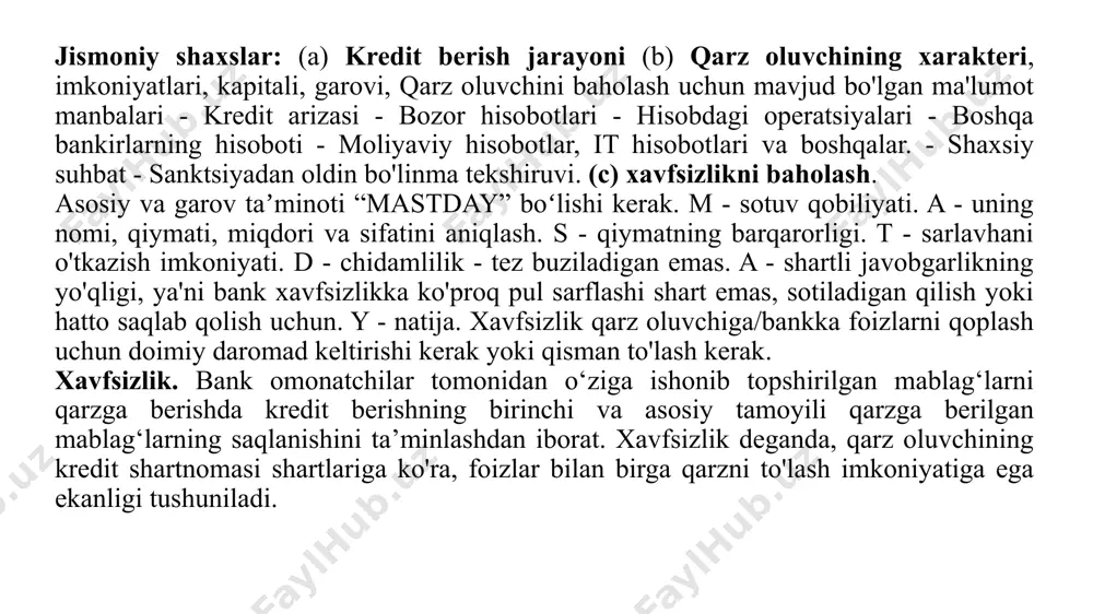 taqsimlash kerak. banklar tomonidan olinadigan foiz stavkalari birinchi navbatda o'tmishdan qolgan. zaxira banki tomonidan chiqarilgan ko'rsatmalarga bog'liq. banklar avanslar bo'yicha foizlar o'zlarining stavkalarini mustaqil ravishda belgilashlari mumkin. turli mijozlardan olinadigan foiz stavkalarining o'zgarishi ularga kredit berishda tavakkalchilik darajasiga bog'liq. yuqori obro'ga ega bo'lgan mijozdan pastroq foiz stavkasi olinadi, oddiy mijoz bilan solishtiriladi. kredit berishning to'g'ri printsipi xavfsizlik yoki likvidlikni qurbon qilmaslikdir, yuqori rentabellikka erishishdir. ya'ni, banklar shubhali shaxslarga avans bermasligi kerak, to'lash qobiliyati, hatto ular juda yuqori foiz stavkasini to'lashga tayyor bo'lsalar ham. bunday yutuqlar oxir-oqibat o'zini namoyon qiladi, bank va uning omonatchilari manfaatlariga zarar etkazadigan holda qaytarilmaydi. kreditning maqsadi o'z mablag'larini kreditlashda bankir qarz oluvchidan kreditni qanday maqsadda olishni so'raydi. banklarhar bir maqsad uchun kredit berilmaydi. uar qarz berish orqali o'z mablag'larining xavfsizligi va likvidligini ta'minlaydi, yani faqat ishlab chiqarish maqsadlari uchun kreditlar, tadbirkorlik korxonasining aylanma mablag'larga bo'lgan ehtiyojini qondirish uchun beriladi. kreditlar ijtimoiy funktsiyalar, marosimlar kabi spekulyativ va …