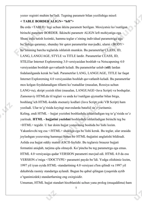 ib, .html qisqartmasiga ega. eslatib o’tish joiz, hujjat yaratilgach, uni matn formatida saqlash kerak. lekin, bu ishni bajarishdan oldin uning kengaytmasini o’zgartirish, ya'ni txt o’rniga html yoki htmni qo’yishni esdan chiqarmaslik kerak. html va htm kengaytmasi html fayl uchun standart hisoblanadi. bundan tashqari, bu kengaytmalar kompyuterga faylda matnlardan tashqari html kodlari ham mavjudligini ko’rsatib turadi. html tili harflar razmeriga befarqdir, ya'ni bosh va kichik harflar bir xil qabul qilinadi. lekin teglarni yozishda ko’pincha bosh harflardan foydalaniladi. bundan tashqari, html sahifani yaratish uchun maxsus dasturlarni qidirib topib, sotib olish shart emas. matn tahrirlovchi har qanday dastur orqali html sahifa yaratish mumkin. masalan: windows muxitidagi matn muxarrirlari: notepad, textpad, ultraedit, edutplus. ana shunday matn tahrirlovchi oddiy dasturlardan biri bo'lgan notepad (блокнот), windows muhitida ishlovchi har bir kompuytreda mavjud. ba'zi matn muxarrirlarida html hujjatni web brauzerda sinab ko’rish tugmasi mavjud. html xujjatni yaratishga mo’ljallangan maxsus dasturlar (html muxarrirlar) ham mavjud: frontpage, adobe golive, …