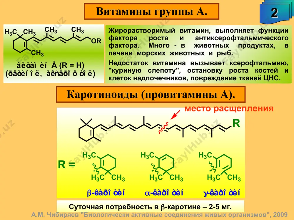 ekotorix drugix zabolevaniyax bilirubin nakaplivaetsya v krovi, okrashivaya koju v jyoltiy tsvet. a.m. chibiryaev "biologicheski aktivnie soedineniya jivix organizmov", 2009 16 proizvodnie porfirina v jivix organizmax. ajuga taiwanensis spirulina maxima a.m. chibiryaev "biologicheski aktivnie soedineniya jivix organizmov", 2009 vitamin s. 17 istochnik vitamina s: limon, kapusta, sladkiy perets, drugie frukti i ovoshi. u bolshinstva jivotnix mojet sintezirovatsya v organizme. sutochnaya potrebnost - 25-75 mg. primenyaetsya dlya lecheniya tsingi, gemorragicheskix diatezov, krovo-techeniyax, ryada infektsionnix i immunnix zabolevaniy, dlya nor-malizatsii lipidnogo obmena pri ateroskleroze, pri usilennom fizicheskom i umstvennom napryajenii, prostude. a.m. chibiryaev "biologicheski aktivnie soedineniya jivix organizmov", 2009 vitamini gruppi d 18 jirorastvorimiy. antiraxitniy vitamin, ego nedostatok v organizme vizivaet raxit. v organizme cheloveka reguliruet vsasivanie kaltsiya v kishechnike i obshie protsessi metabolizma s uchastiem kaltsiya. sutochnaya potrebnost – 0.01-0.03 mg. a.m. chibiryaev "biologicheski aktivnie soedineniya jivix organizmov", 2009 antivitamini d3 19 a.m. chibiryaev "biologicheski aktivnie soedineniya jivix organizmov", 2009 vitamini …