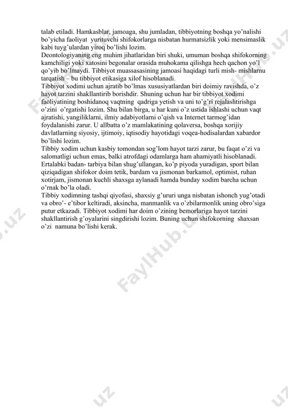 radi va hatto hayotga, mehnat va ijodga intilish paydo qilib, o’lim holatini kechiktiradi. shifokor har doim haqiqiy tashxisni bemorga aytish yoki aytmaslikni mulohaza qilib ko’rishi lozim. tashxis to’g’risida to’liq ma’lumot berish, kasallikni kechish bosqichlari va asoratlari haqida birdaniga batafsil aytish mumkin emas, balki asta- sekin uni ruhiy tayyorlab borish maqsadga muvofiq. murakkab vaziyatlarda, ya’ni og’ir tuzatib bo’lmaydigan kasalliklar haqidagi axborotlarni etkazishning muhim ahamiyatga ega bo’lgan yana boshqa tomoni, bu bemorning yaqinlari orqali bosqichma-bosqich amalga oshirilishi mumkin. tibbiy xodimning uzluksiz ravishda o’zini shakllantirib borishi, o’z ustida ishlashi va kasbiy mahoratini oshirishning muhim jihatlaridan biri, tizimli qat’iy tarzda o’zini baholash hamda bilimi, ko’nikmalari va xulq- atvorini nazorat qilishdan iborat. shifokor o’ziga nisbatan talabchan bo’lishi lozim, o’z qilgan xatosini kechirishga haqqi yo’q. keyinchalik takrorlamasligi uchun shifokor o’zining qo’pol xatolari bilan birga, kichik kamchiliklarini ham muhokama va mushohada etishi kerak. o’ziga nisbatan talabchanlik va qattiqqo’llik bilan yondashuv har qanday sohada, jumladan, tibbiyotda mahoratga ega …