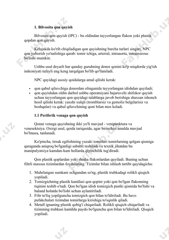 1. filtr to'liq yopilguncha tomizgich qon bilan to'ldiriladi. bu havo pufakchalari tizimdan tomirlarga kirishiga to'sqinlik qiladi. 1. metall ignaning plastik qobig'i chiqariladi. rolikli qisqich chiqariladi va tizimning trubkasi kanülda paydo bo'lguncha qon bilan to'ldiriladi. qisqich yopiladi. 1. igna tomir ichiga kiritiladi. infuzion tezligini nazorat qilish uchun rolikli qisqichning yopilish darajasini o'zgartiring. 1. agar kanül tiqilib qolsa, rulonli qisqichni yopish orqali infuziya vaqtincha to'xtatiladi. damlagich kanül orqali trombni chiqarish uchun muloyimlik bilan siqiladi. u chiqarilgandan so'ng, qisqich ochiladi va infuzion davom etadi. agar tomizgich qon bilan to'lib toshgan bo'lsa, bu infuziya tezligini aniq tartibga solishga xalaqit bersa, unda quyidagilar zarur: 1. rolikli qisqichni yoping; 1. qonni tomizgichdan flakonga yoki sumkaga muloyimlik bilan siqib chiqaring (tomizgich qisqaradi); 1. qon bilan tomirni vertikal holatga qo'ying; 1. tomizgichni oching; 1. qon tomirini infuziya holatiga qo'ying va yuqoridagi kabi rulonli qisqich bilan infuzion tezligini sozlang. qon quyishda quyiladigan qon oqimining uzluksizligi haqida g'amxo'rlik qilish kerak. …