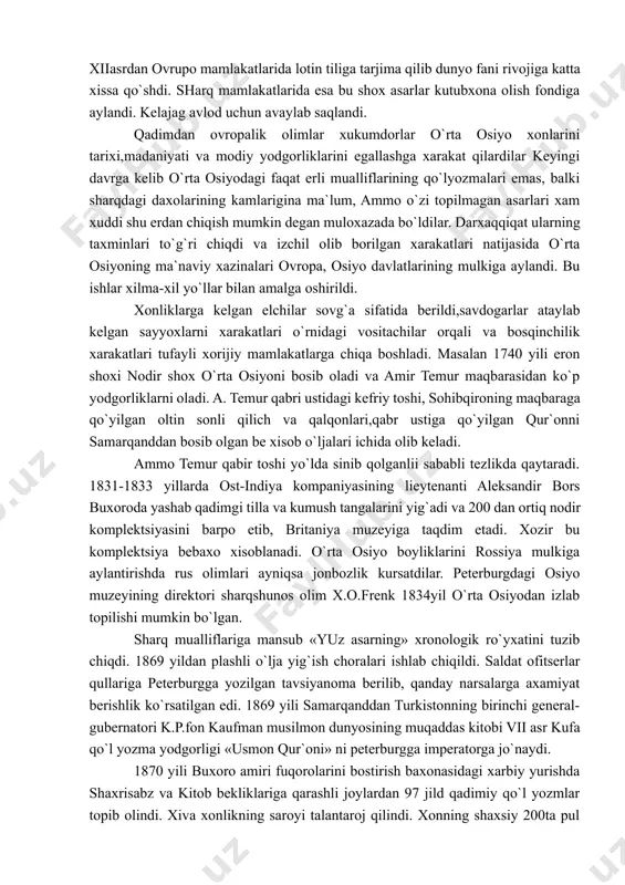 muhammad rahim ii kutubxona, barpo etib uni dunyoning xar chekasidan keltirilgan nodir qo`lyozmalar bilan belgilanib borar edi. o`rta osiyoda birinchi bo`lib xivadatashkil qilib, san`atni rivojlantiradi. xix-asrda xiva xonligi o`zining kitob xazinasi bilan dunyoga mashxur bo`ladi. bu erda arab, fors, tojik tilaridagi qo`lyozmalar o`zbek tiliga tarjima qilingan. qo`qon xonligidaxam boy kutubxona bo`lib, nodir qo`lyozmalarga ega edi. bu davrda o`rta osiyoning yirik shaxarlari: farg`ona, buxoro, qo`kon, toshkentda va boshqa shaharlarda kitob ixlosmandlari bo`lib ular juda katta mablag` sariflab butun umrnodir qo`lyozmalar yiqqanlar. masalan toshkentda jo`rabekning shaxsiy qo`lyozmalar kollektsiyasi mashxur edi. boqijon boy, qozi muxiddin, andijondagi dukchi eshon kutubxonalari,buxoroda yashagan kozi sharifjon maxsum ziyoni kutubxonasi va undagi qo`lyozmalar nodirligi va qadimiyligi bilan mashxur edi shunday qilib yuqoridagi fanlar asosida shunday xulosaga kelish mumkinki urta osiyo diyorida moddiy va ma`naviy yodgorliklarni tuplash asriy an`ana bulib milliy xususiyatlarga, islom dini urf-odatlariga rioya kilgan xolda amalga oshirilgan urta osiyolik buyuk allomalarning qomusiy shoh asarlari xiiasrdan ovrupo …