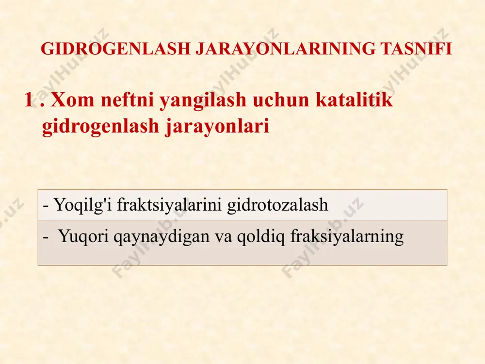 shaklida ishlab chiqariladi . tashuvchilar asosan kislotali xususiyatlarga ega. asosiy jarayon omillari jahon amaliyotida eng keng tarqalgan gidrogenlash jarayonlarida akm, anm va aralash ankm , shuningdek anms katalizatorlar. so'nggi yillarda zeolit o'z ichiga olgan gidrodesulfurizatsiya katalizatorlari keng tarqaldi . akm va anm faoliyati ulardagi gidrogenlashtiruvchi komponentlarning umumiy tarkibiga bog'liq . mahalliy katalizatorlarda - 16%, chet elda - 16 - 21%. akm va anm gidrotozalash katalizatorlari - 2-4% og'irlikni o'z ichiga oladi. co yoki ni va 9-15% og'irlik. moo 3 faol g- alumina ustida. ishga tushirish operatsiyalari bosqichida yoki xom ashyo aylanishining boshida ular h 2 s va h 2 oqimida sulfidlanishga ( sulfatlanishga ) duchor bo'ladilar , ularning katalitik faolligi sezilarli darajada oshadi. asosiy jarayon omillari katalizatlar akm oltingugurt birikmalarining gidrogenoliz reaktsiyalarida juda faol etarlicha yuqori issiqlik qarshiligiga ega to'yinmagan uglevodorodlar, azotli va kislorodli xom ashyo birikmalarini gidrogenlash reaktsiyalarida juda faol barcha mazut fraksiyalarini gidrotozalash uchun qo'llaniladi kobaltning katta tanqisligi …