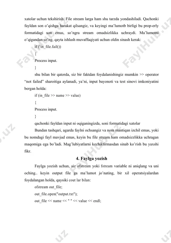 ish kabi osondir. dastur ishlab chiqarishga qarang. hayratlanarlisi, atigi 69 o’g’il bolalar ismi va qizlar ismining 153 tasi jami tug’ilishlarining yarmini tashkil etgan. bu shaxsni ko’rsatuvchi biznes bilan shug’ullanuvchilar uchun yaxshi yangilik. 8-betdagi 10-mashqsizdan bu taqsimlash oxirgi yillarda qanday o’zgarganini o’qishni talab qiladi. ch08/babynames.cpp 1 #include 2 #include 3 #include 4 5using namespace std; 6 7 /** 8nom ma’lumotlarini o’qing, agar nom jami >= 0 bolsa chop qiling, va umumiyni o’zgartiring. 9@param in_file kiruvchi stream 10@param total hali qayta ishlanishi lozim umumiy ulush 11 */ 12void process_name(ifstream& in_file, double& total) 13 { 14 string name; 15int count; 16double percent; 17 in_file >> name >> count >> percent; 18 19if (in_file.fail()) { return; } // har bir kiritishdan keyin muvaffaqiyatsizlikni tekshiring 20if (total >0) { cout 0 || girl_total >0) 34 { 35int rank; 36 in_file >> rank; 37if (in_file.fail()) { return0; } 38 39 cout << rank <<" "; 40 …