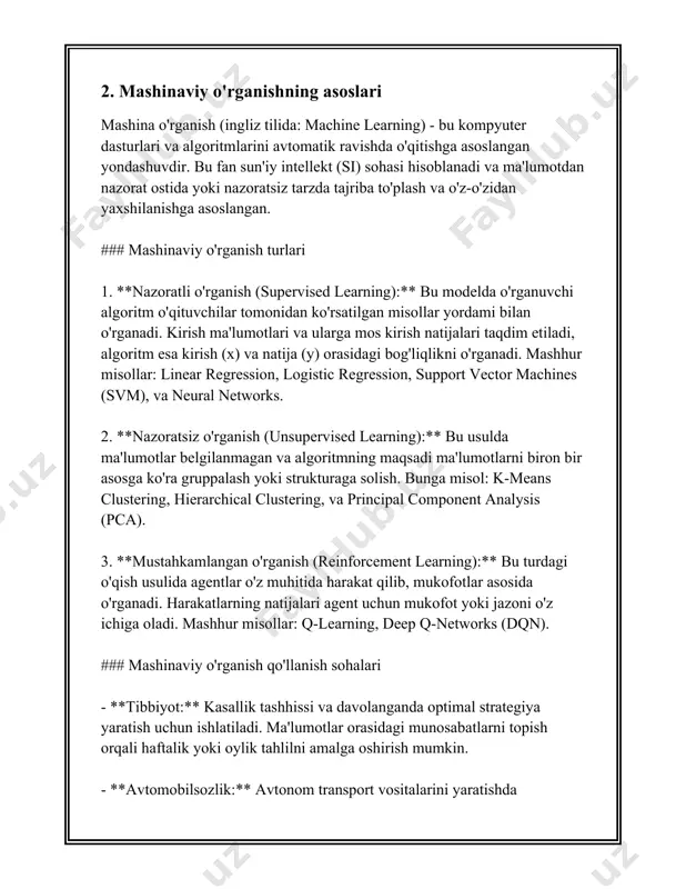 kki bosqichli algoritmlarning paydo bo‘lishiga zamin yaratgan. 2. **neyron tarmoqlarning turlari**: neyron tarmoqlarni ikki asosiy kategoriya — feedforward va recurrent neyron tarmoqlarga bo‘lish mumkin. feedforward neyron tarmoqlar eng oddiy struktura bo‘lib, ma'lumot bir yo‘nalishda harakatlanadi. recurrent neyron tarmoqlar o‘zida o‘tgan holatlar haqida ma'lumot saqlaydi va vaqtga bog‘liq ketma-ketliklarini qayta ishlaydi. 3. **asosiy komponentlar**: neyron tarmoqlar bir-birlariga bog‘langan sun'iy neyronlar yoki "tugunlar"dan tashkil topgan. har bir sun'iy neyron kirish va chiqish xattolariga ega va impulslarni boshqa sun'iy neyronlarga uzatadi. neyronlar qatlami — kirish qatlami, yashirin qatlamlar va chiqish qatlamidan tashkil topadi. yashirin qatlamlar tarmoqning chuqurligini belgilaydi. 4. **parametrlar va o‘qitish jarayoni**: neyron tarmoqlarni o‘qitish yo‘lida ko‘plab parametrlar, jumladan, vaznlar (weights) va og‘ishlar (biases) o‘rganiladi. tarmoqning vaznlarini yangilash uchun gradient moyillikni kamaytirish algoritmi, masalan, stochastic gradient descent (sgd) va boshqalar qo‘llaniladi. 5. **amalga oshirish**: neyron tarmoqlar ko‘plab zamonaviy texnologiyalar va dasturlarda foydalaniladi. masalan, yuzni tanib olish, ovozni qayta ishlash va tabiiy tilni …