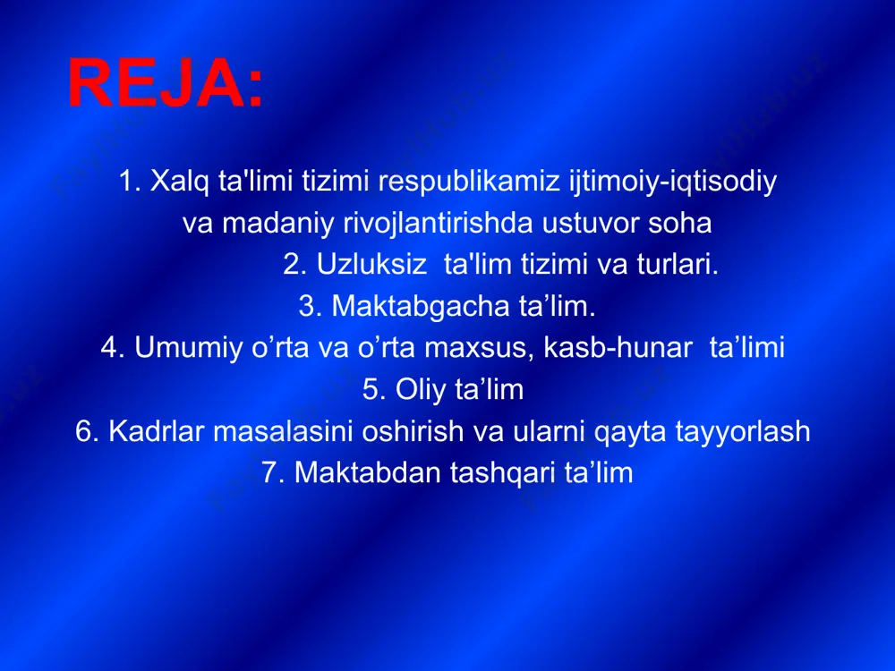 o'tarildi. nihoyat, o'zbekiston respublikasining „ta'lim to'g'risida"gi qo-nuni ta'iim tizimining yangilanishiga sabab bo'ldi. oldingi qabul qilingan qonunlardan farqli o'laroq, xalq ta'limi tizimi tuzilishida bir qancha yangi qoidalar joriy etildi va bajarilishi majburiy, deb qayd qilindi. uzluksiz ta’lim uzluksiz ta'lim kadrlar tayyorlash tizimining asosi, o'zbekiston respublikasining ijtimoiy-iqtisodiy taraqqiyotini ta'min-lovchi, shaxs, jamiyat va davlatning iqtisodiy, ijtimoiy, ilmiy-texnikaviy va madaniy ehtiyojlarini qondiruvchi ustuvor sohadir. uzluksiz ta'lim ijodkor, ijtimoiy faol, ma'naviy boy shaxs shakllanishi va yuqori malakali raqobatbardosh kadrlar xam tayyorlanishi uchun zarur shart-sharoitlar yaratadi. uzluksiz ta'limning faoliyat ko'rsatish prinsiplari ta'limning ustuvoriigi — uning rivojlanishining birinchi darajali ahamiyatga ega ekanligi, bilim, ta'lim va yuksak intellektning nufuzi; ta'limning demokratlashuvi — ta'lim va tarbiya uslublarini tanlashda o'quv yurtlari mustaqilligining kengayishi, ta'limni boshqarishning davlat-jamiyat tizimiga o'tilishi; ta'limning insonparvarlashuvi — inson qobiliyatlarining ochi-lishi va uning ta'limiga nisbatan bo'lgan turli-tuman ehtiyojlarining qondirilishi, milliy va umumbashariy qadriyatlar ustuvorligining a'minlanishi, inson, jamiyat va atrof-muhit o'zaro munosabat-larining uyg'unlashuvi; ta'limning ijtimoiylashuvi — ta'lim oluvchilarda …