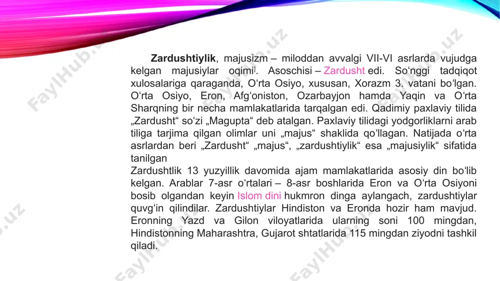 ning maʼnaviy mulkiga aylantirildi. „bu nodir kitob bundan 300 yil muqaddam ikki daryo oraligʻida, mana shu zaminda umrgoʻzaronlik qilgan ajdodlarimizning biz avlodlariga qoldirgan maʼnaviy, tarixiy merosidiroʻzbekiston hukumatining tashabbusi bilan yunesko bosh konferensiyasi 30-sessiyasi „avesto“ yaratilganining 2700-yilligini dunyo miqyosida nishonlash haqida qaror qabul qildi (1999-yil noyabr). „avesto“ning jahon madaniyati va dinlar tarixida tutgan oʻrnini hisobga olgan holda hamda yuqoridagi qarordan kelib chiqib oʻzbekiston respublikasi vazirlar mahkamasi maxsus qaror eʼlon qilib (2000-yil 29-mart), „avesto“ning 2700-yilligini nishonlash tadbirlarini belgiladi. unga koʻra 2001-yilning oktabr oyida oʻzbekistonda xalqaro ilmiy kon-ferensiya va tantanali bayram tadbirlari oʻtkaziladi. foydalanilgan adabiyotlar abu bahr muhammad ibn jaʼfar narshaxiy. buxoro tarixi. – t.: 1966 a. qayumov. qadimiyat obidalari. – t.: 1971 h. homidov. „avesto“ fayzlari. – t.: 2001 n. rahmonov. „avesto“ning paydo boʻlishi. – „oʻzbekiston ovozi“ gaz., 2001, 26-may. n. rahmonov. „avesto“: zamin, vatan demakdir. – „oʻzbekiston ovozi“ gaz., 2001, 25-sentabr. e’tiboringiz rahmat image3.png image4.png image5.jpeg image6.png image7.jpeg image8.jpeg image9.png image10.jpeg …