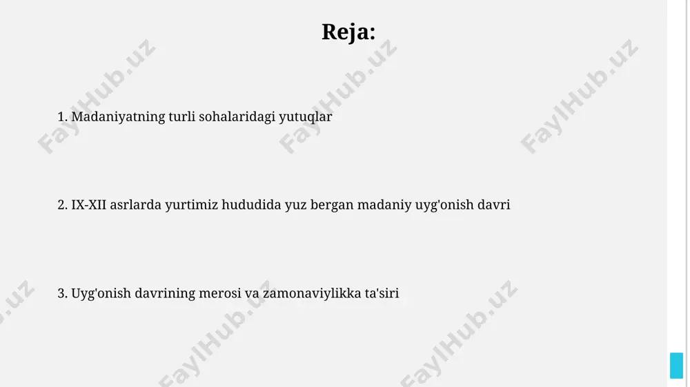 langan sahnalar adabiy asarlar, jumladan, "shohnoma" va diniy matnlarning illüstrasiyalari bo'lib, kompozitsiya va ranglarning murakkabligi bilan ajralib turardi. miniatyura san'ati rivojining muhim omili sifatida buyuk amirlar va hukmdorlarning homiyligi, masalan, 11-asrda taxminan 50 ta qo'lyozma miniatyura bilan bezatilganligi qayd etilgan. din va ma'naviyat bu davrda diniy adabiyotlar, jumladan, qur'on tarjimalari va sharhlari, hadis to'plamlari soni 50 dan oshib ketgan, bu esa ma'naviy-madaniy hayotning yuksalishini ko'rsatadi. ix-xii asrlarda "din va ma'naviyat"ning rivojlanishi turkiy xalqlarning islomni qabul qilishi bilan bog'liq bo'lib, 200 dan ortiq masjid va madrasalar qurilishi kuzatilgan. madaniy almashinuv va aloqalar ushbu davrda turli xalqlarning – arab, fors, turkiy va boshqa tillardagi adabiyotlari, falsafa va fan namunalari o'zaro ta'sirlashuvi kuchaygan, taxminan 100 dan ortiq qo'lyozma asarlar hozirgi kungacha saqlanib qolgan. ix-xii asrlar madaniy almashinuvi buyuk allomalar abu rayhon beruniy va ibn sino ijodida o'z ifodasini topgan bo'lib, ularning ilmiy ishlari 50 dan ortiq tilga tarjima qilingan. musiqa va qo'shiqchilik an'analari …