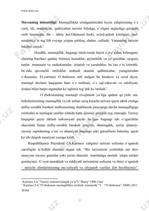 kscha-lenincha mafkuraga tayanardi. natijada ilmiy muomalaga ko`plab manbalar ko`plab faktik materiallar kiritilganligiga qaramay, tarixiy jarayonlar butun ziddiyati va murakkabligi bilan baholanmay haqqoniy ilmiy bilimlar o`rniga vaziyatni to`g`ri aks ettirmaydigan soxta tarixiy manzaralar yaratildi. turkistonda sovet hokimiyati o`rnatilishi hamda ijtimoiy-siyosiy harakatlarni o`rganishga,shuningdek, jadidchilikni tadqiq etishga qaratilgan. 80-yillar oxirlarigacha yaratilgan deyarli barcha ilmiy tadqiqotlarda turkiston muxtoriyatining mohiyati va tushunchasini atay toraytirish maqsadida unga “qo`qon muxtoriyati” degan nom berilib, uning tashkilotchilari “pan islomchi”,”pan turkchi”,”aksilinqilobchi deb ataladi. ikkinchisi – “qayta qurish” davri.so`nggi yillardagi adabiyotlarni o`rganish shuni ko`rsatadiki, 80-90-yillar davomida “qayta qurish” ta`sirida partiya mafkuraviy zug`umining birmuncha kuchsizlanishi va sssrning parchalanishi bilan tarix fanida sog`lomlashish jarayoni namoyon bo`la boshladi. ular tarixiy voqealarga sinfiy yondashuvdan qochish umuminsoniy qadriyatlar ustuvorligiga suyanishga,yo`nalish kabilarda uchraydi. o`z-o`zidan ma`lumki, o`zbek xalqining ozodlik va mustaqillik uchun kurash manbalariga e`tibor keskin kuchaydi. shuni ta`kidlash lozimki, gazeta va jurnallardagi maqolalar bilan bir qatorda risolalar ham paydo bo`ldi. biroq ularda bizning tahlilimiz ko`rsatishicha, muammoning ayrim …