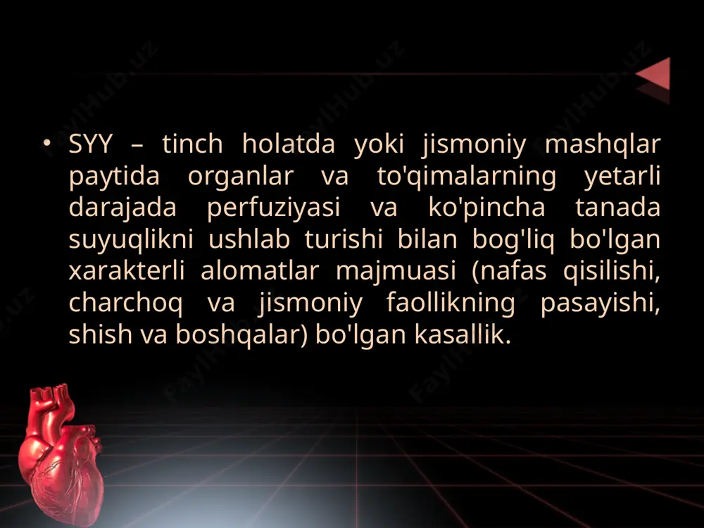 at zaiflik, yurak urishi, nafas qisilishi yoki anginal og'riqning rivojlanishiga olib keladi. 4 fs: minimal jismoniy faollik ham noqulaylik tug'diradigan bemorlar. yurak etishmovchiligi va angina sindromi belgilari dam olishda paydo bo'lishi mumkin. minimal yukni bajarayotganda, noqulaylik kuchayadi. klinikasi 1 bosqich: oddiy jismoniy faoliyat paytida charchoq, yengil nafas qisilishi, yurak urishi. o'rtacha sianoz. o'pka chegarasi o'zgarmagan, vezikulyar nafas, qattiq soyali. ost chegaralari o'rtacha darajada kengaytirilgan. jigar va taloq kattalashmagan. iia bosqichi - qon aylanish doiralaridan birida turg'unlik: asosan chap qorincha turida: mashqda nafas qisilishi, baʼzan astma xurujlari (koʻproq kechasi), yurak urishi, quruq yoʻtal, holsizlik, m.b. gemoptiz. terining oqarib ketishi, "kapalak" tipidagi sianotik qizarish, akrosianoz, sovuq, quruq barmoqlar, oyoq barmoqlari, ho'l kaftlar. o'pka chegaralari normal, nafas olishi vezikulyar, qattiq, quruq xirrilashllar bo'lishi mumkin. ost chegarasi chapga siljiydi. auskultatsiyada yurak faoliyatining buzilishi belgilari aniqlangan. ko'pincha sinus taxikardiyasi, ekstrasistoliya, atrial fibrilatsiya. jigar va taloq o'zgarmaydi. shishlar yo'q. asosan o'ng qorincha turi bo'yicha: o'ng hipokondriyumda …