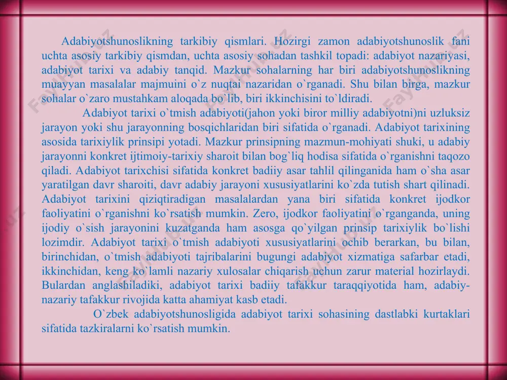 oslikning operativ, joriy adabiy jarayonga bevosita aralashadigan sohasidir. adabiy tanqid adabiyotshunoslikning boshqa sohalaridan bir qator jihatlari bilan ajraladiki, bu narsa uning tabiati, o`ziga xos maqsad va vazifalari bilan izohlanadi. adabiy tanqid o`zida adabiyotshunoslik ilmi, badiiy adabiyot va publitsistikaga xos jihatlarni uyg`unlashtiradi. ma`lumki, adabiy-tanqidiy asar faqat ilmiy doiralar uchungina emas, balki ancha keng auditoriyaga mo`ljallab yoziladi. shunga ko`ra, uning tili — ilmiy-ommabop til. boz ustiga, badiiy asar haqida so`z borarkan, tanqidchi faqat tushunchalar vositasida emas, obrazlar vositasida ham fikrlaydi; mantiqiygina emas, hissiy mushohadalarga ham tayanadi. badiiy asar haqida fikr yuritayotgan, uni bugungi kun nuqtai nazaridan baholayotgan tanqidchi o`quvchi ommaga bevosita ta`sir qilishni ham ko`zda tutadi. ayni paytda, badiiy asarni tahlil qilayotgan tanqidchining fikrlari adabiyot nazariyasiga, adabiyotshunoslik ilmining yutuqlariga asoslanadi. bularning bari adabiy-tanqidni adabiyotshunoslik, badiiy adabiyot va publitsistika oralig`idagi hodisaga aylantiradi. o`zbek adabiy tanqidchiligining ilk kurtaklari ham tazkiralarga borib taqaladi. shuningdek, mutaxassislar o`tmish adabiy jarayoniga xos bo`lgan mushoiralar, nafis majlislarda «og`zaki tanqid» …