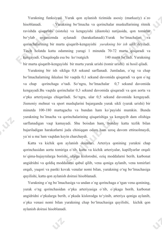 di. chunonchi, mayda qon tomirlari, ya’ni kapillyarlardan hujayra-to‘qimalarga o‘tgan qonning suyuq qismi, ya`ni suv va unda erigan moddalarning bir qismi hujayra-to`qimalardan limfa kapillyarlariga o‘tadi. limfa kapillyarlari bir-biriga qo‘shilib, mayda, o‘rtacha va yirik limfa tomirlarini hosil qiladi. oyoqlar, qorin bo‘shlig‘i a’zolari, ko‘krak qafasining chap tomoni, bo‘yin va boshning chap tomoni, hamda chap qo‘ldan yig‘ilgan limfa tomirlari birlashib, yirik ko‘krak limfa tomirini hosil qiladi va u chap o‘mrov osti vena tomiriga quyiladi. bosh, bo‘yin, ko‘krak qafasining o‘ng tomonidan va o‘ng qo‘ldan yig‘ilgan limfa tomirlari birlashib, yirik o‘ng limfa tomirini hosil qiladi va u o‘ng o‘mrov osti vena tomiriga quyiladi. chap va o‘ng o‘mrov osti venalari yuqori kovak venaga quyiladi, u esa yurakning o‘ng bo‘lmachasiga quyiladi. limfa tomirlari o‘z yo‘lida tananing turli qismlarida joylashgan limfa tugunlari orqali o‘tadi. limfa suyuqligidagi mikroblar va organizmga yot moddalar limfa tugunlarida ushlab qolinadi va zararsizlantiriladi. limfa tugunlarida limfotsitlar ishlab chiqariladi. limfotsitlar organizmga kirgan mikroblarni parchalab, odamni yuqumli …