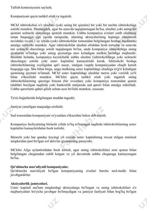 'z ichiga oladi. boshqaruv tartibi to'liq sheriklikdagi kabi. cheklangan sheriklar sheriklik ishlarini boshqarish va olib borishda umumiy sheriklarning harakatlariga biron-bir tarzda aralashishga haqli emas, garchi ular ishonchli vakil tomonidan uning nomidan harakat qilishlari mumkin. cheklangan sherikning yagona vazifasi - qo'shilgan kapitalga hissa qo'shishdan iborat. bu unga foydaning hissadorlik kapitalidagi ulushiga mos keladigan qismini olish, shuningdek yillik hisobotlar va balanslar bilan tanishish huquqini ta'minlaydi. cheklangan sheriklar sheriklikdan chiqish va ulush olish uchun deyarli cheksiz huquqqa ega. ular, boshqa ishtirokchilarning roziligidan qat'i nazar, o'zlarining ustav kapitalidagi ulushini yoki uning bir qismini boshqa cheklangan sherikga yoki uchinchi shaxsga o'tkazishlari mumkin va sheriklik ishtirokchilari sotib olishning ustun huquqiga ega. hamkorlik tugatilgan taqdirda, cheklangan sheriklar o'zlarining hissalarini kreditorlarning talablari qondirilgandan keyin qolgan mol-mulkdan oladilar, birinchi navbatda (to'liq sheriklar o'shandan keyin qolgan mol-mulkni taqsimlashda ishtirok etishadi, ular o'zlarining ulush kapitalidagi ulushlariga mutanosib ravishda omonatchilar bilan). kommandit sheriklikni tugatish to'liq sheriklikni tugatilishining barcha asoslari bo'yicha amalga oshiriladi …