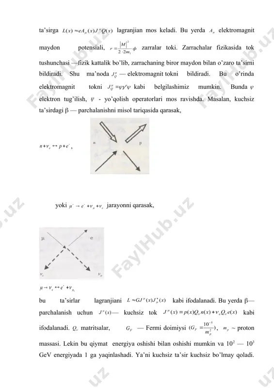 g eng muhim xususiyatidir. hozirda mikrodunyoda 4 xil o’zaro ta’sir mavjuddir. gravitatsion ta’sir barcha massaga ega zarralar uchun xos va universaldir. elektromagnit ta’sir esa barcha zaryadli zarralarga xosdir. bu ikkala ta’sir uzoqdan ta’sir qiluvchi kuchlar bo’lib, ular intensivligi masofa oshishi bilan ga proporsional kamayib boradi. gravitatsion ta’sir zarralar olamida juda kuchsizligi sababli, odatda bu ta’sir qaralmaydi. endi elektromagnit ta’sirni qaraydigan bo’lsak, bu ta’sirda har bir zaryadlangan zarracha elektromagnit maydonlari orqali ta’sirlashadi. bu maydonni kvantlasak elektromagnit maydon fotonlar orqali ifodalanadi. natijada zaryadlangan zarrachaning elektromagnit maydon bilan ta’siri, bu zarracha tomonidan — kvant (foton) yutilish yoki chiqarilish akti bilan ifodalanadi yoki (1). bu ta’sir quyidagi diagramma orqali ifodalanadi: (2) uzluksiz chiziq zaryadlangan zarrachaga, to’lqinli chiziq esa ( -kvantga mos keladi. ikkita zaryadlangan zarrachaning kulon ta’siri esa diagrammaga mos keladi. bu diagrammalarda vaqt chapdan o’ngga yo’nalgan bo’ladi. zarra va antizarra annigilyatsiyalanish yoki tug’ilish jarayoni yoki teskari diagramma (4) kabi belgilanadi. — juftlikning — …