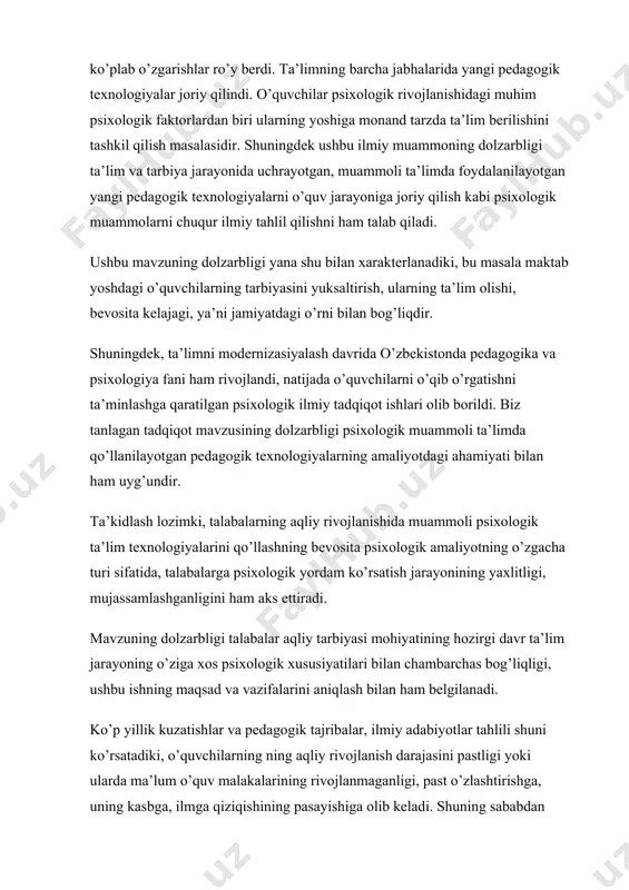 talabalarga psixologik yordam ko’rsatish jarayonining yaxlitligi, mujassamlashganligini ham aks ettiradi. mavzuning dolzarbligi talabalar aqliy tarbiyasi mohiyatining hozirgi davr ta’lim jarayoning o’ziga xos psixologik xususiyatilari bilan chambarchas bog’liqligi, ushbu ishning maqsad va vazifalarini aniqlash bilan ham belgilanadi. ko’p yillik kuzatishlar va pedagogik tajribalar, ilmiy adabiyotlar tahlili shuni ko’rsatadiki, o’quvchilarning ning aqliy rivojlanish darajasini pastligi yoki ularda ma’lum o’quv malakalarining rivojlanmaganligi, past o’zlashtirishga, uning kasbga, ilmga qiziqishining pasayishiga olib keladi. shuning sababdan talabaning intellektual rivojlanish darajasini, ularda mavjud o’quv malakalarini o’rganish, kamchiliklarni tuzatish, maxsus o’quv va mehnat malakalarni rivojlantirishga yo’naltirilgan ishlar o’quv-tarbiya jarayonining samaradorligini oshiradi. hozirgi vaqtda pedagoglar va pedagogik psixologiya mutaxassislari oldida ikkita o’zaro uzviy bog’liq muammo-talabaning ta’lim olishga bo’lgan qobiliyatini va o’zlashtirishning pastligi sabablarini, ular orasidagi bog’liqlikni o’rganish dolzarb muammo bo’lib turibdi. diagnostikaning asosiy vazifasi faqatgina bir fandan emas, balki bir qancha fanlardan o’zlashtirishni, yomon o’zlashtirish sabablarini (agar shunday hol ro’y bergan bo’lsa) topishdangina iborat emas. pedagog uchun talabaning haqqoniy …