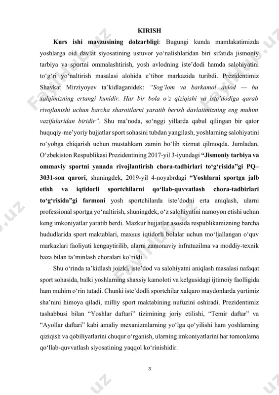 sportchilarda iste’dodni erta aniqlash, ularni professional sportga yo‘naltirish, shuningdek, o‘z salohiyatini namoyon etishi uchun keng imkoniyatlar yaratib berdi. mazkur hujjatlar asosida respublikamizning barcha hududlarida sport maktablari, maxsus iqtidorli bolalar uchun mo‘ljallangan o‘quv markazlari faoliyati kengaytirilib, ularni zamonaviy infratuzilma va moddiy-texnik baza bilan ta’minlash choralari ko‘rildi. shu o‘rinda ta’kidlash joizki, iste’dod va salohiyatni aniqlash masalasi nafaqat sport sohasida, balki yoshlarning shaxsiy kamoloti va kelgusidagi ijtimoiy faolligida ham muhim o‘rin tutadi. chunki iste’dodli sportchilar xalqaro maydonlarda yurtimiz sha’nini himoya qiladi, milliy sport maktabining nufuzini oshiradi. prezidentimiz tashabbusi bilan “yoshlar daftari” tizimining joriy etilishi, “temir daftar” va “ayollar daftari” kabi amaliy mexanizmlarning yo‘lga qo‘yilishi ham yoshlarning qiziqish va qobiliyatlarini chuqur o‘rganish, ularning imkoniyatlarini har tomonlama qo‘llab-quvvatlash siyosatining yaqqol ko‘rinishidir. demak, yosh sportchilarda iste’dod va salohiyatni aniqlash mezonlarini ishlab chiqish, uni amaliyotga joriy etish bugungi kunda nafaqat sport ilmining dolzarb vazifasi, balki davlatimizning ustuvor siyosiy-ma’naviy yo‘nalishlaridan biri sifatida qaralmoqda. shu bois ushbu mavzuni chuqur …